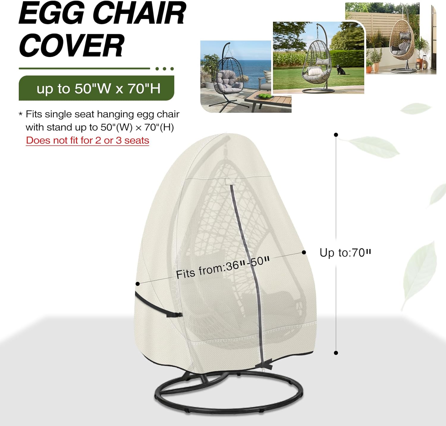 Porch Shield Patio Hanging Egg Chair Cover -600D Waterproof Outdoor Single Seat Wicker Swing Egg Chair with Stand Protector, Beige 1