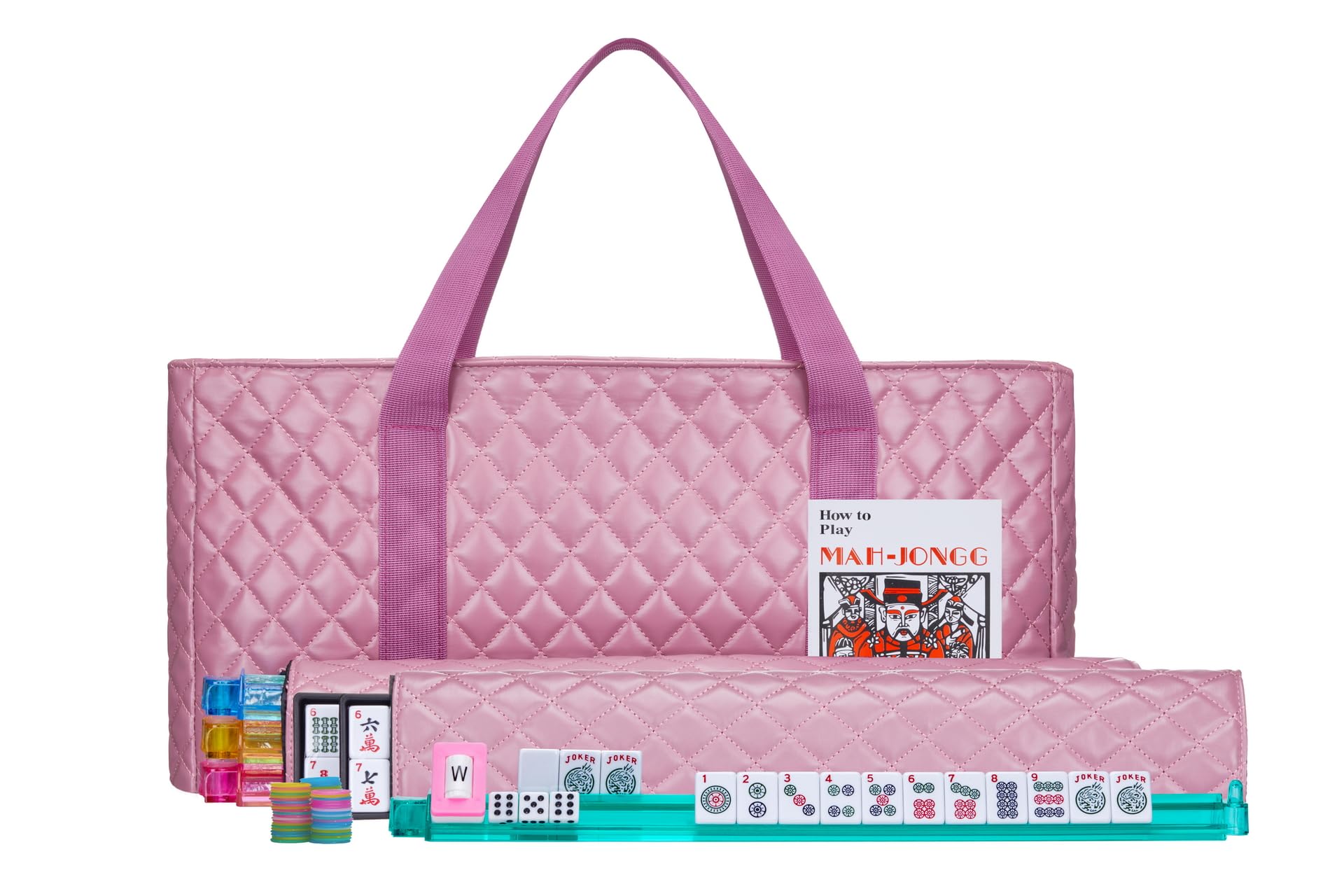 C&H Solutions American Mahjong Set,Mahjong Tiles Set,Pink PU Carrying Bag,166 Premium Tiles,4 All-in-One Rack/Pushers,Western Mahjong with English Manual(Ma Jong,Mah-Jongg, Majiang)