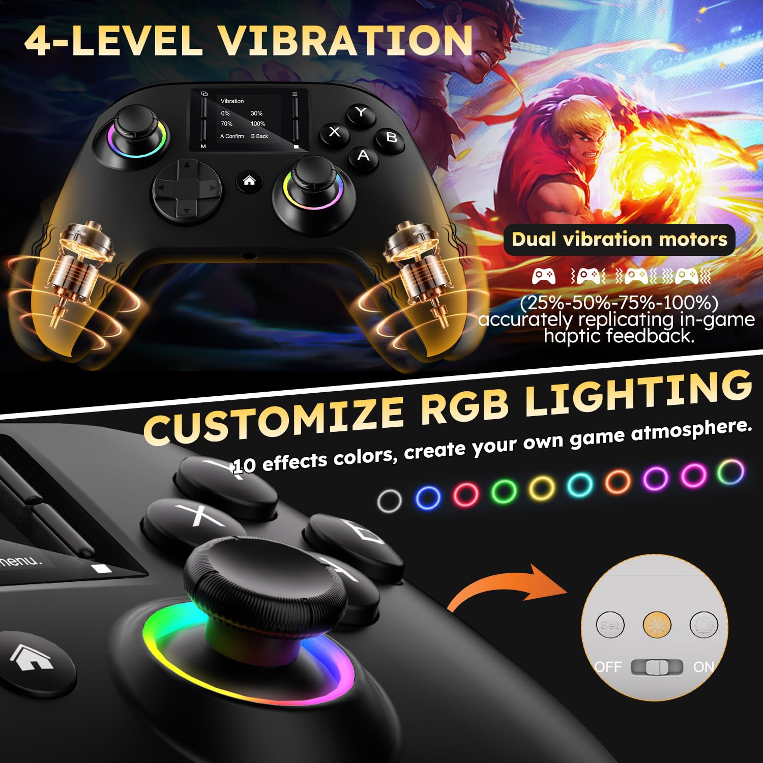 Wireless Gaming Controller with Interactive Screen, 4 Programmable Buttons, Turbo, 6-Axis Gyro, Dual Vibration, RGB Lighting, 1000mAh, for PC/PS4/Switch/Android/iOS