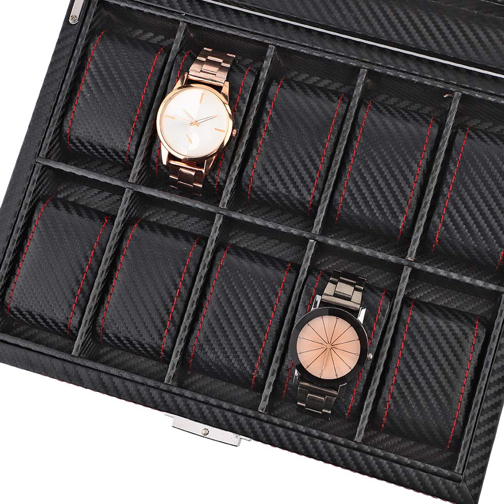 Alomejor Organizador Elegante de Caja de Reloj de Fibra de Carbono con 10 Ranuras para Exhibir 10 Relojes para Tocador Escena Aplicable Negro 11 * 8,7 * 3,4 Pulgadas