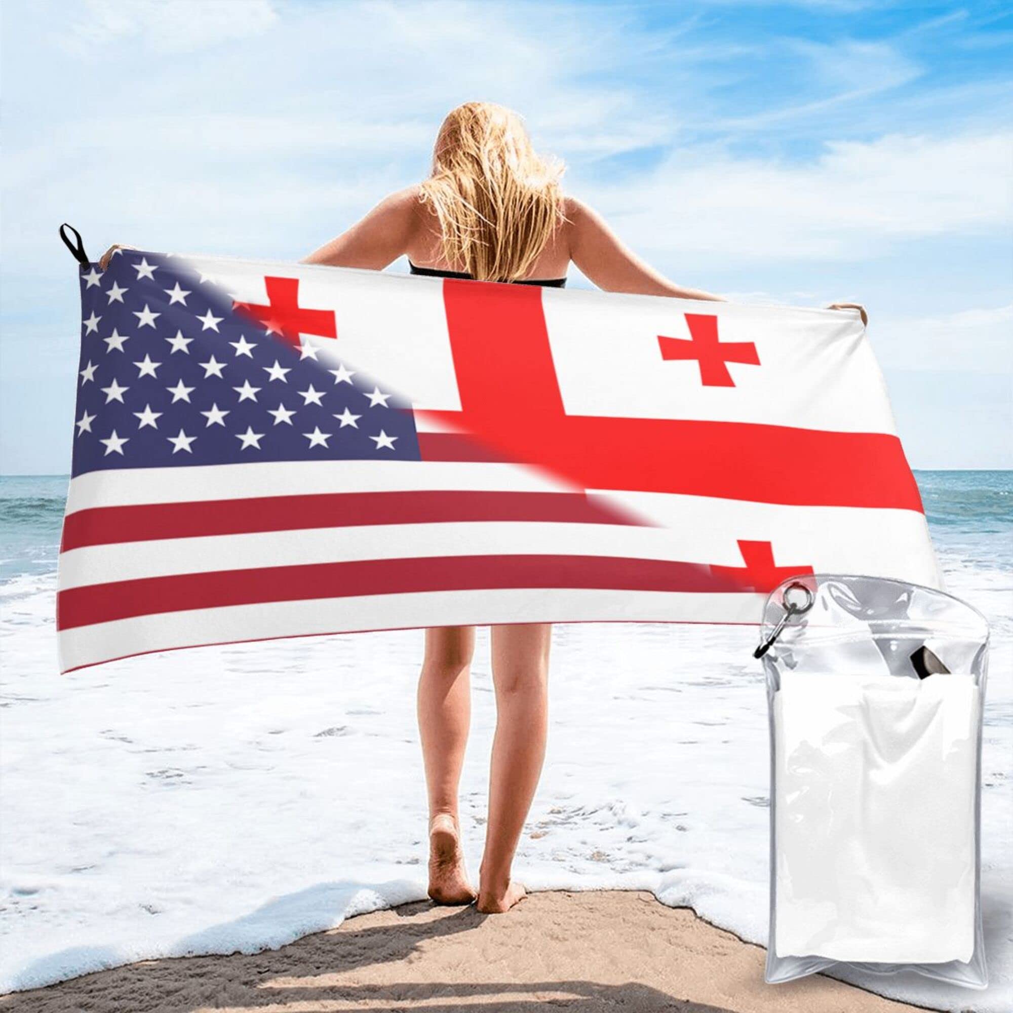 Lsjuee American Flag and Georgian Flag Microfiber Beach Towel-Quick Dry Oversized Towels Blanket for Travel Pool Camping