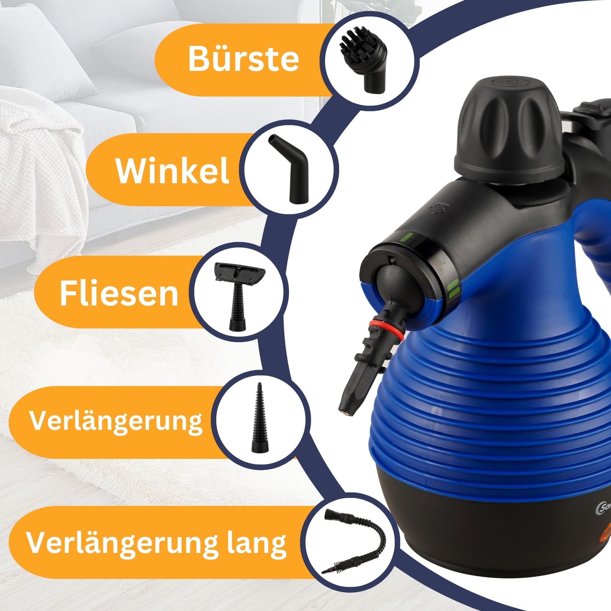 Dampfreiniger Sommertal SC350-1050W Power Handgerät mit viel Zubehör - 110°C Dampfreinigung ohne Chemie, gegen Schmutz und Fett auf Polster Fliesen Fenster, GS geprüft