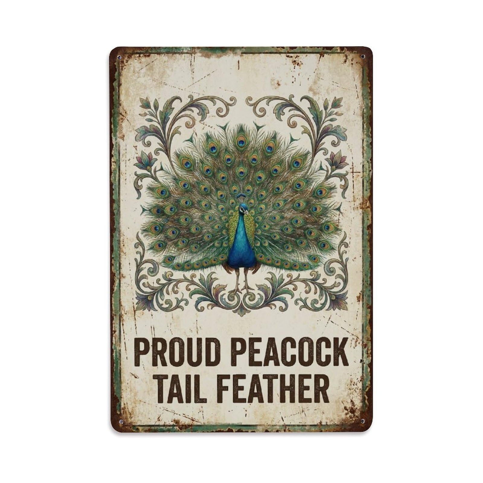 Proud Peacock Tail Feather Display Metal Tin Sign