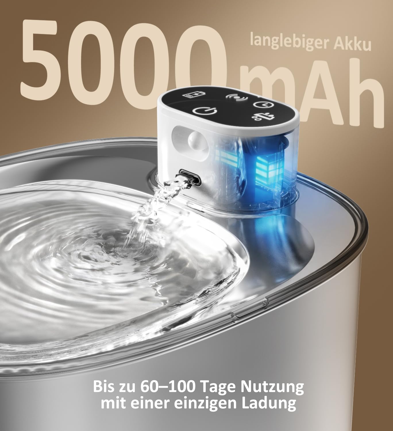 Apetdola FS11PRO Katzenbrunnen aus Edelstahl, 152 FL. oz. / 4,5 L kabelloser Katzenbrunnen, mit 5000-mAh-Akku betriebener Trinkbrunnen für Katzen und Hunde, Ultra‑leise
