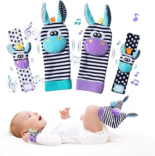PHEZAPA Baby Wrist Rattles Foot Finder Socks Set, Infant Rattle Socks and Baby Hand rattles Wrist, Newborn Soft Sensory Toys,Infant Wrist Rattles for Babies 0-6 Months,Baby Gifts 6-12 Months（Purple）