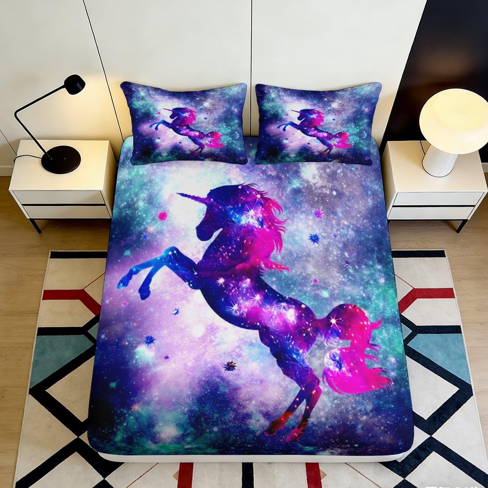 3D Printed Galaxy Unicorn Fitted Sheet, Microfiber Soft Touch, Bed Sheet for Bedroom, Guest Room Decor, Wrinkle Resistant, Apartment Bedding, Easy Care, 120x200cm 90x200x25cm