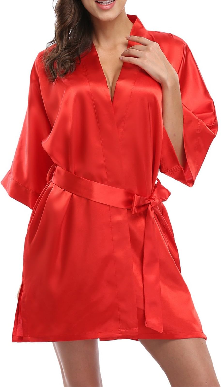 Giova Pure Color Satin Short Silky Bathrobe Sleepwear Nightgown Pajama