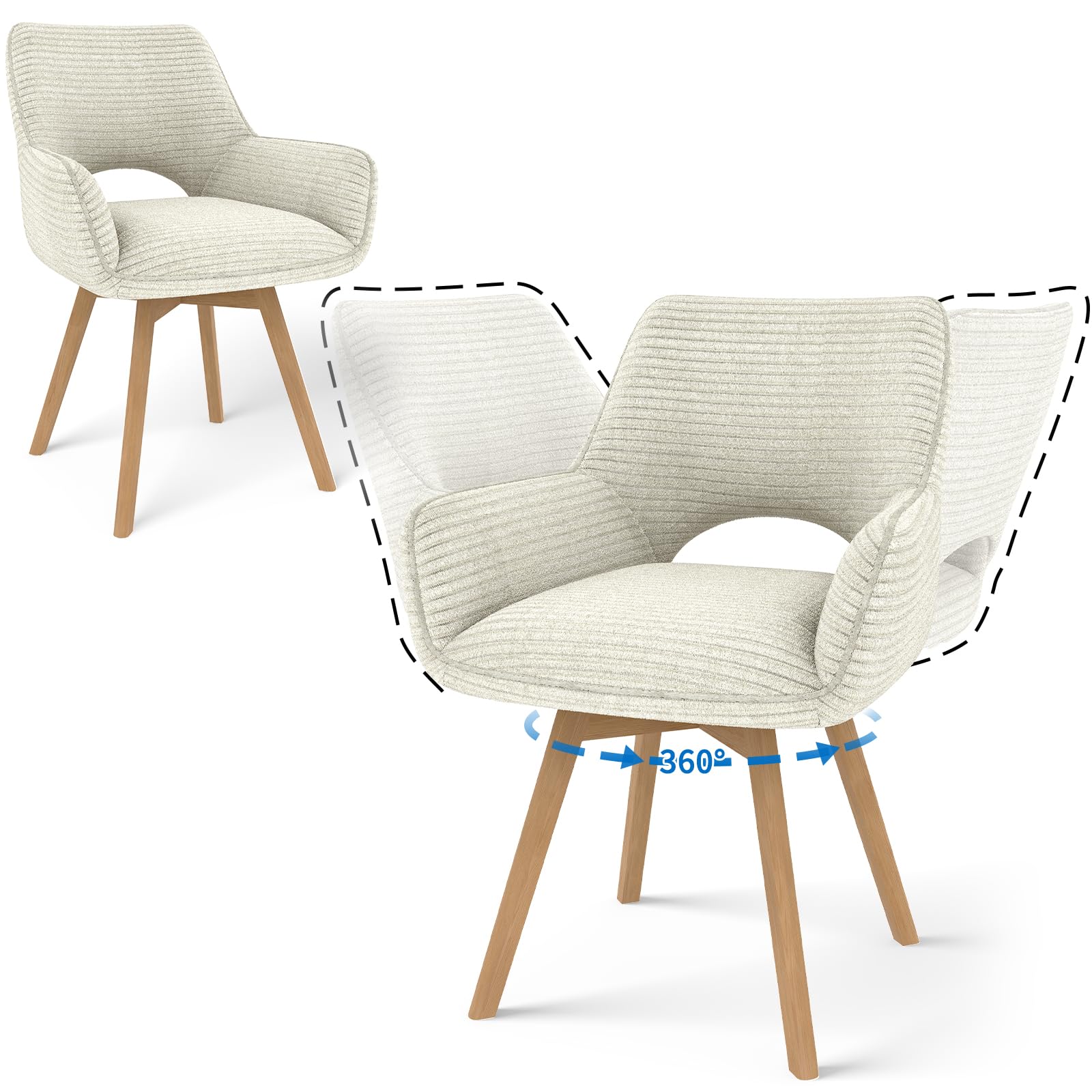 JIJIAN Swivel Dining Chairs Set of 2, 360° Swivel Upholstered Chairs with Armrests and Wooden Legs, Fabric Backrest for Kitchen, Living Room, Bedroom, Cream