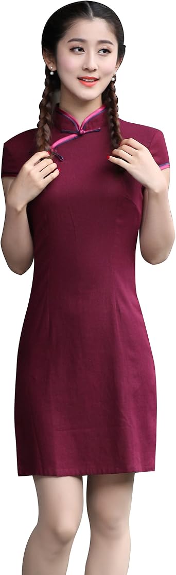 YueLian Mujeres Verano Manga Corta Color sólido Vestido Corto Elegante  Chino Cheongsam Qipao Granate (XL): Amazon.es: Ropa