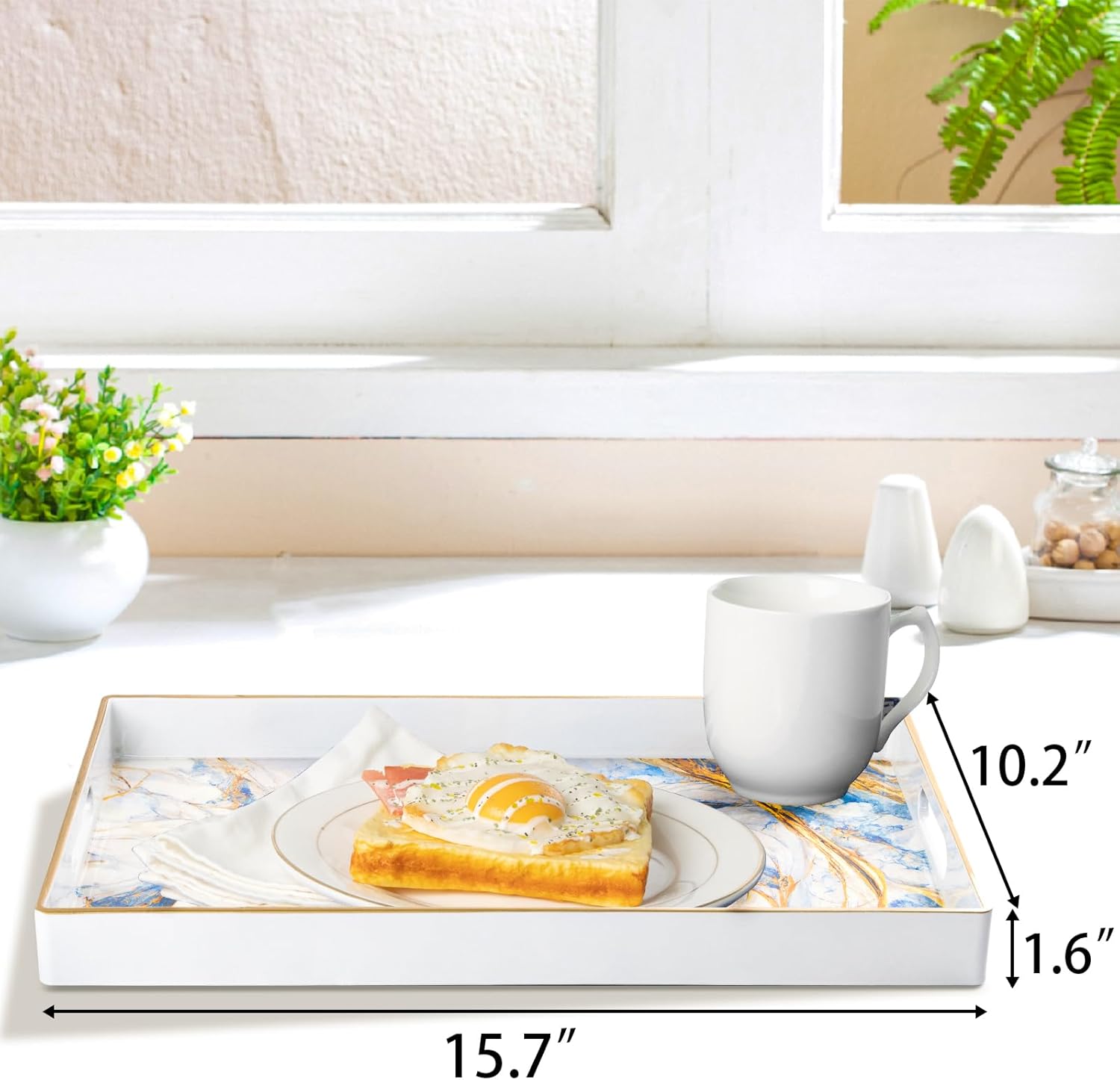 MAONAME Rectangular Decorative Tray, Modern White Serving Tray with Handles, Marbling Plastic Trays for Ottoman, Coffee Table Trays for Living Room, Home Decor, 15.8" x 11.8" x 1.6" 15.8" x 10.2" x 1.4" White-3