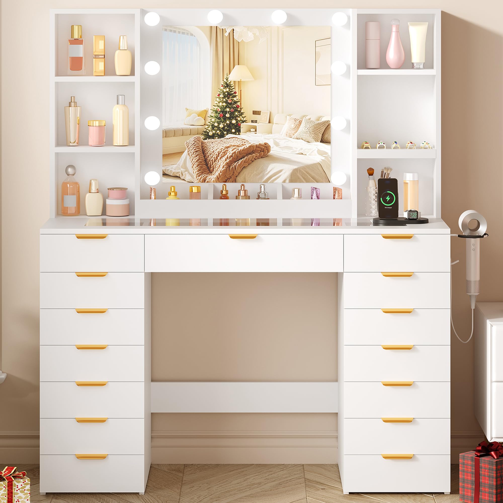 Grande Tocador de Maquillaje con Luz LED y Espejo,Vidrio,Enchufes