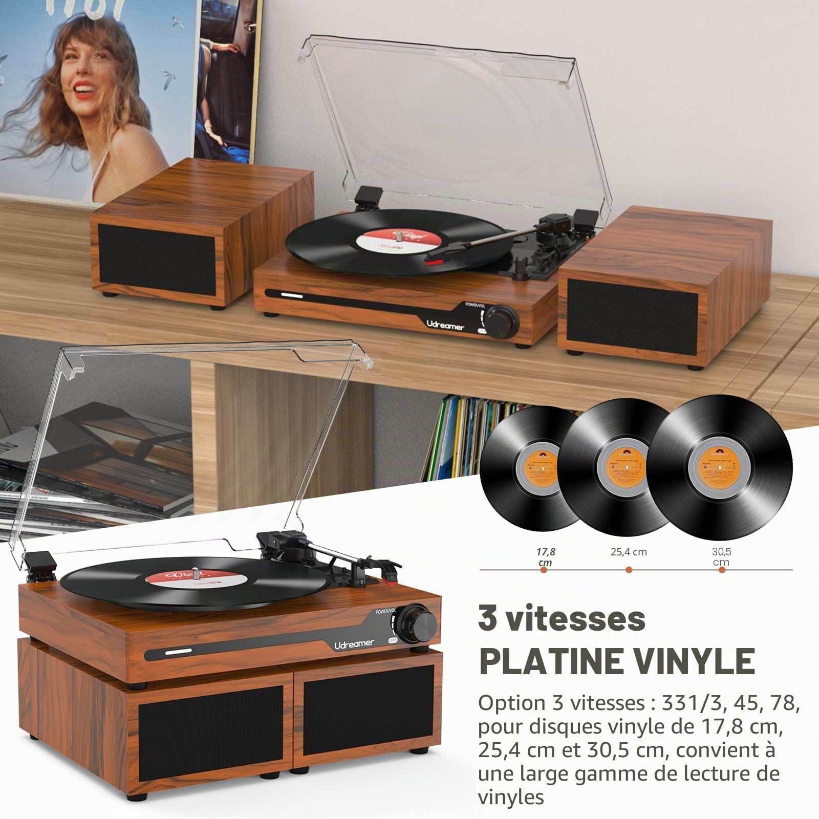 Udreamer Platine Vinyle avec 2 Haut-parleurs Stéréo Doubles, Vintage Tourne-disqu Bluetooth 5.3 Prend en Charge 3 Vitesses, Entrée Auxiliaire, Ligne RCA, USB,Lecture sans Fil, Marron