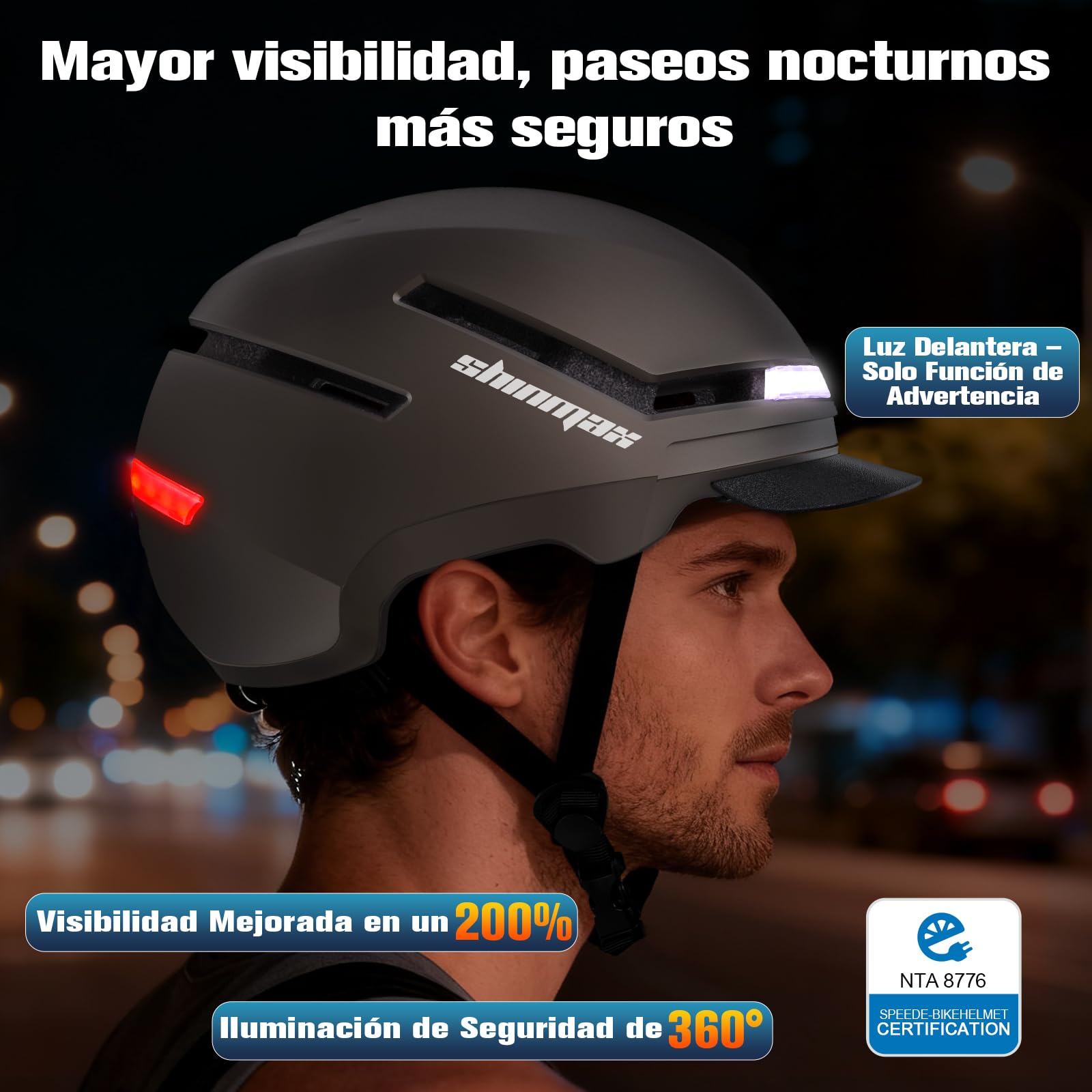 Shinmax Casco de Bicicleta Adulto con Luz y Intermitentes, Casco Ciclismo Hombre Mujer con Luz Trasera LED USB Recargable, Casco Bici para E-Bike, Scooter y Pedelec