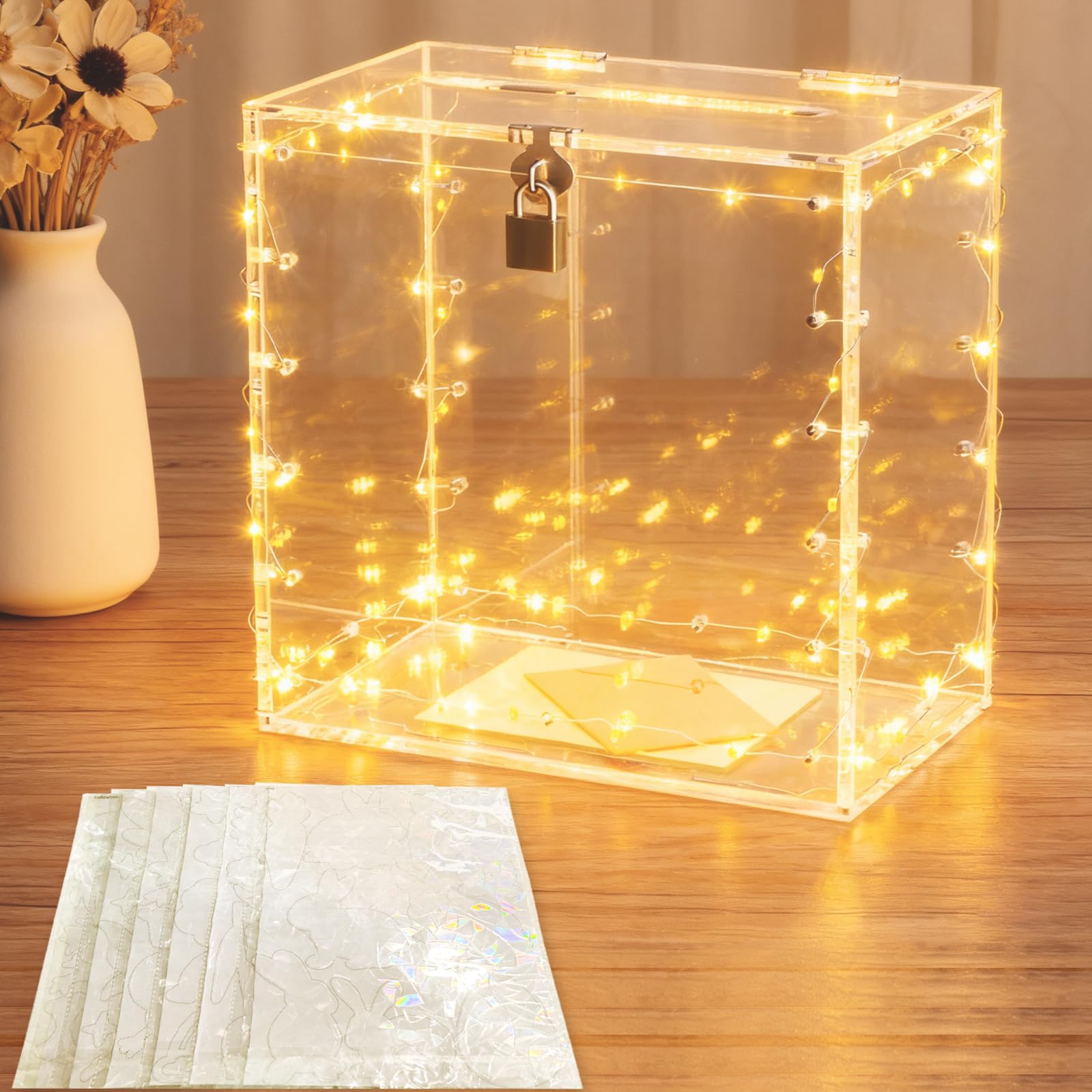 Caja de tarjetas de boda de acrílico con luz para mesas de bienvenida