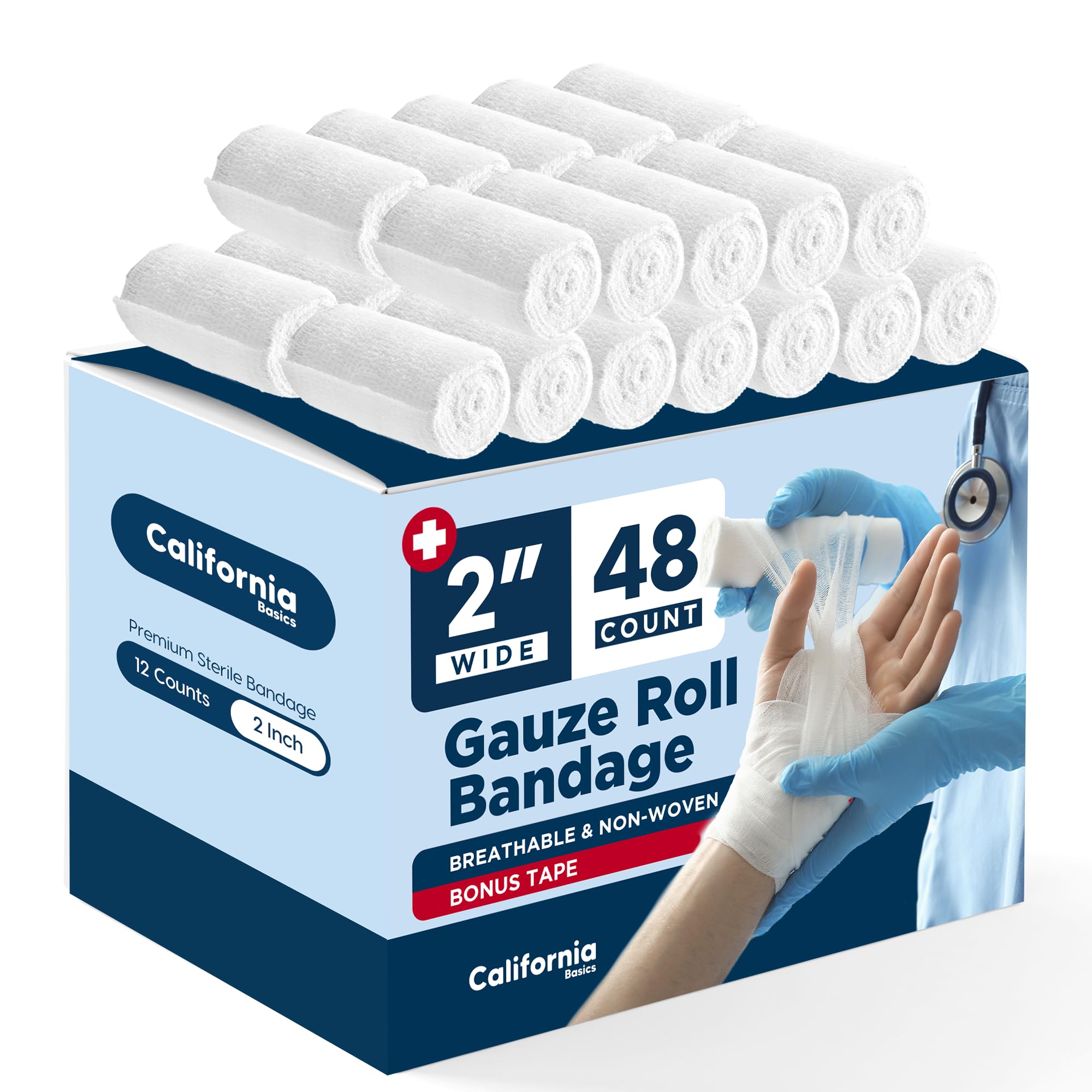 California Basics 24-Pack Gauze Bandage Roll with Tape, 4 Inches x 4 Yards - Soft, Stretchable & Breathable Wrap for Wound Care, First Aid & Medical Supplies - White — Amazon image 12