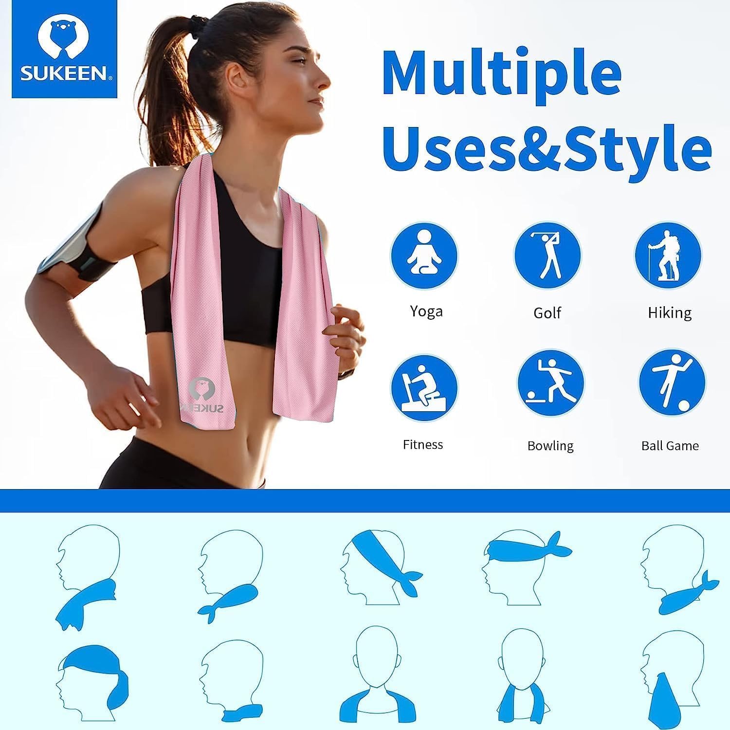 Sukeen Lot de 6 Serviettes rafraîchissantes en Microfibre Douces et Respirantes pour Yoga, Sport, Gym, entraînement, Camping, Fitness, Course à Pied et Autres activités, 102 x 30,5 cm