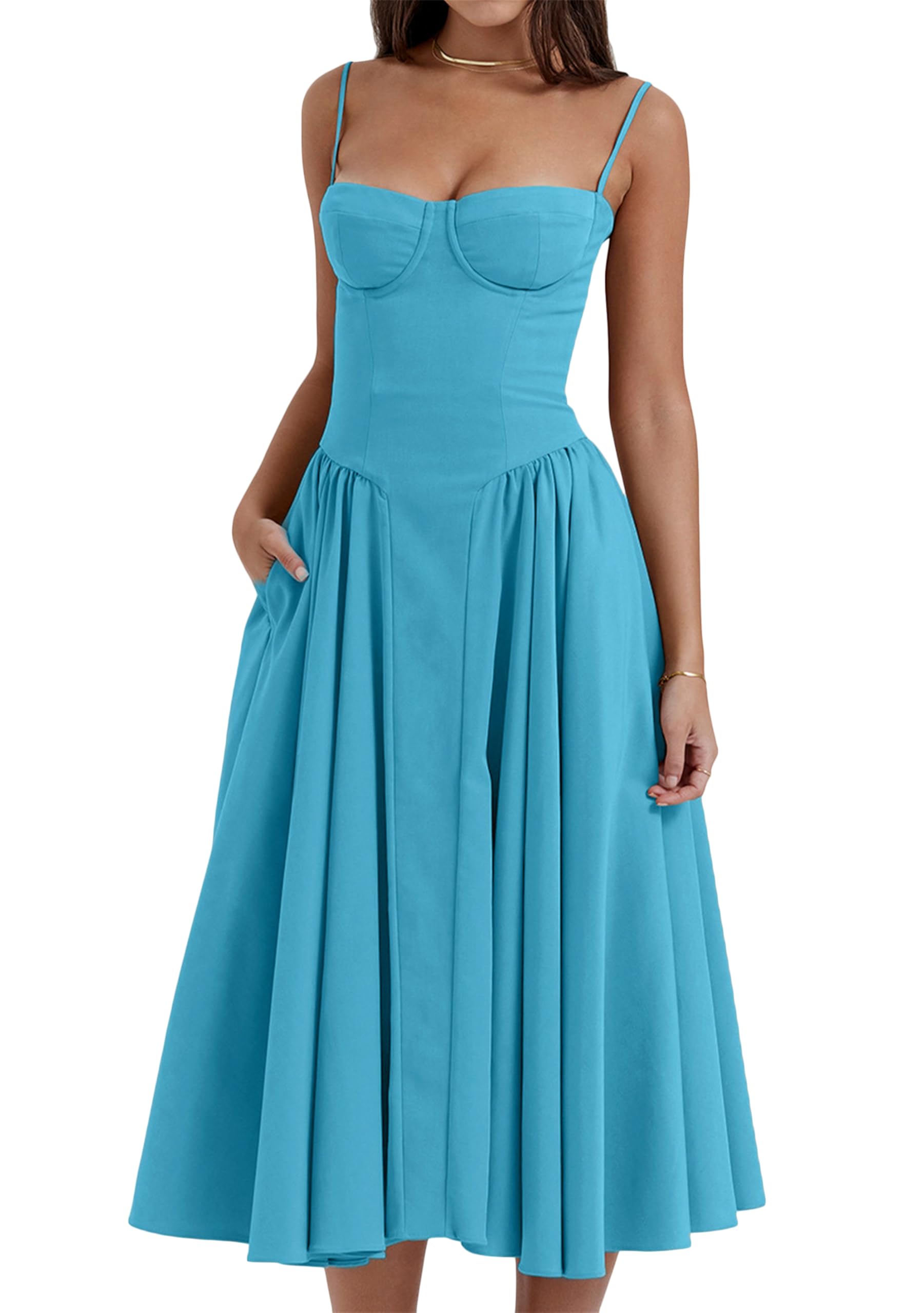 Las Mujeres Sin Mangas Corsé Fit Midi Vestido Espagueti Correa Sundress Vestido De Color Sólido Imprimir Bustier Vestido