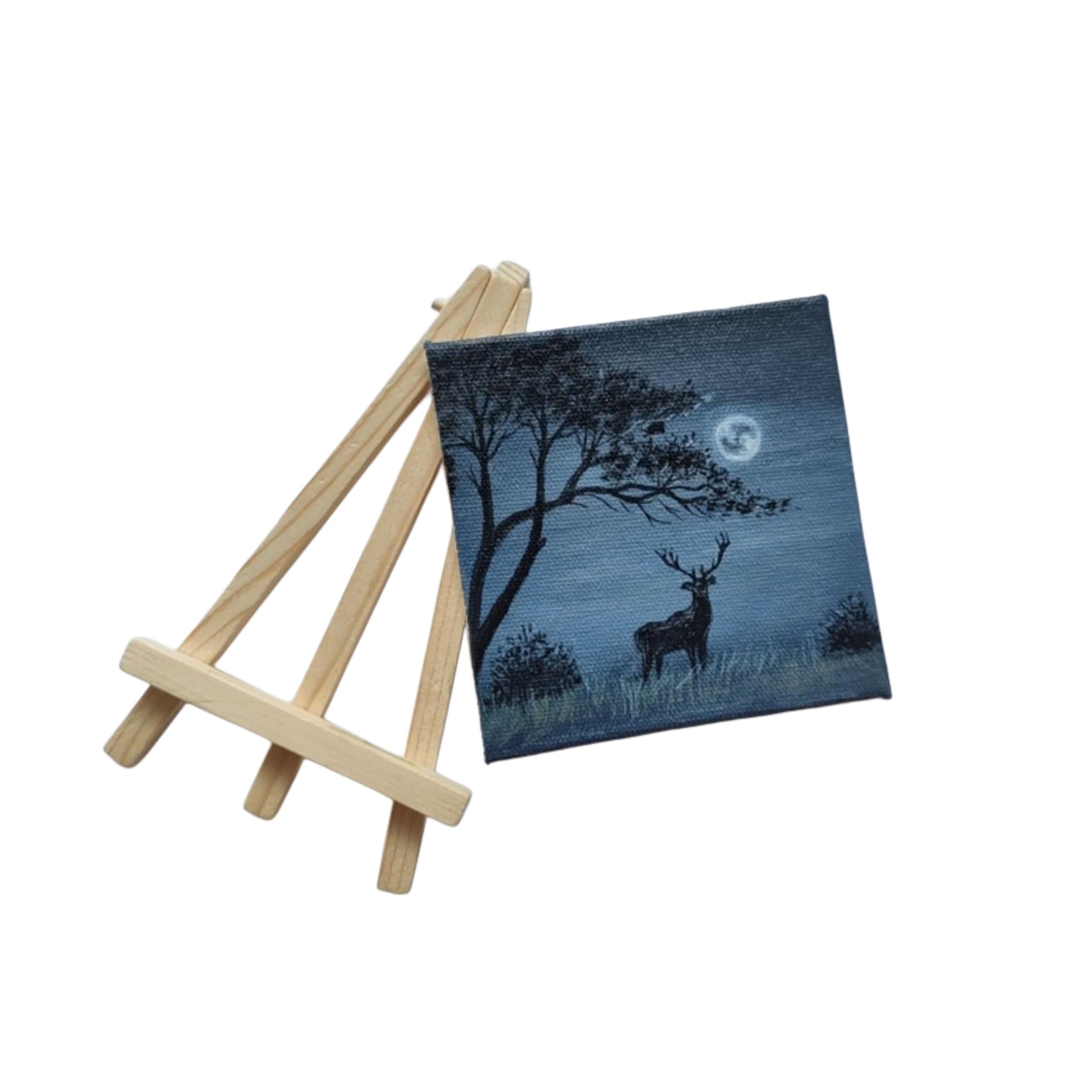 BHAGATH ART STUDIO Mini Canvas Wall Art with Wooden Easel, Moonlit Deer Scene, 4x4 cm,Home Decor,Fine Art,Gift-image-37