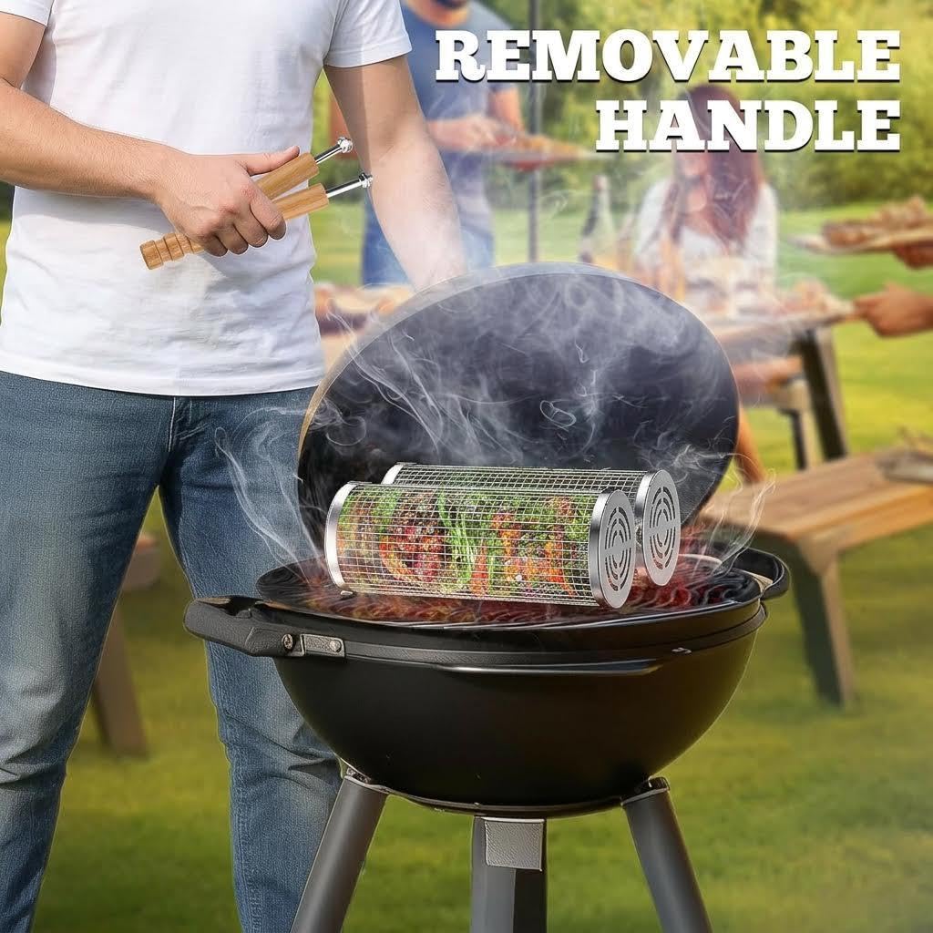 2 Pack Rolling Grill Basket, Removable Wooden Handle, 304 Stainless Steel, Smoker BBQ Accessories for Vegetable Fish Meat, Outdoor Grill Camping Backyard Cooking, Nesting BBQ Tools Birthday Gifts for Men Dad Husband - 5