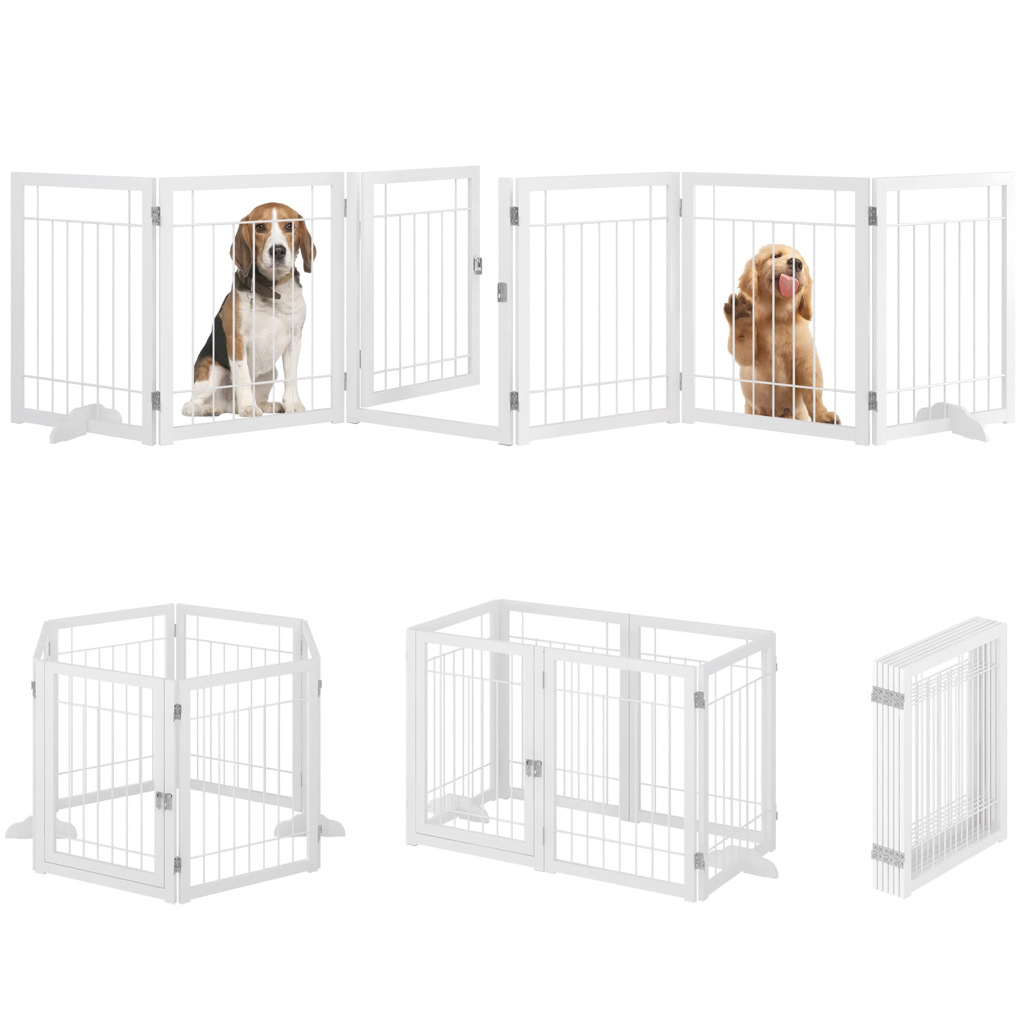 MUOU Freestanding Puppy Gate with Door, Wide 108" Tall 24" Pet Gate, Accordion Dog Gate Folding Playpen Fence, 2PCS Wooden Support Feet Included, for The House - White