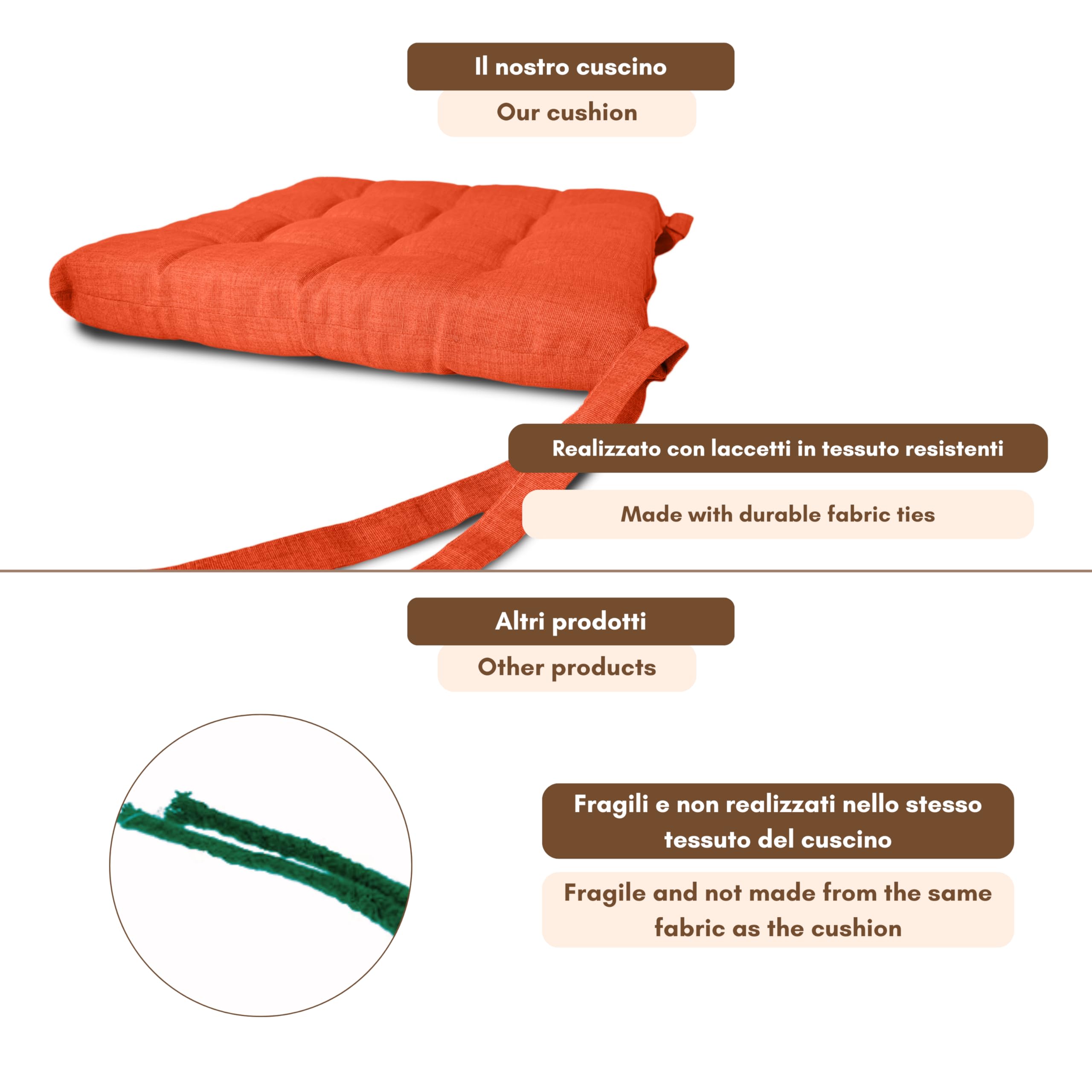 Il Tuo Artigiano Design Set van 6 kussens voor keukenstoelen, gemaakt in Italië, stoelkussens 40 x 40 cm, dikte 4 cm – 100% katoen, sponsvulling (Rood