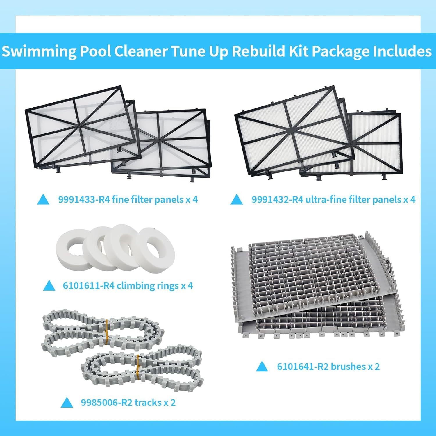 Tune Up Rebuild Kit for Dolphin Nautilus CC Plus(Not for Nautilus CC) - 9991433-R4 Filters, 6101641-R2 Brushes, 9985006-R2 Tracks & Climbing Rings Replacement Parts (Full Set)