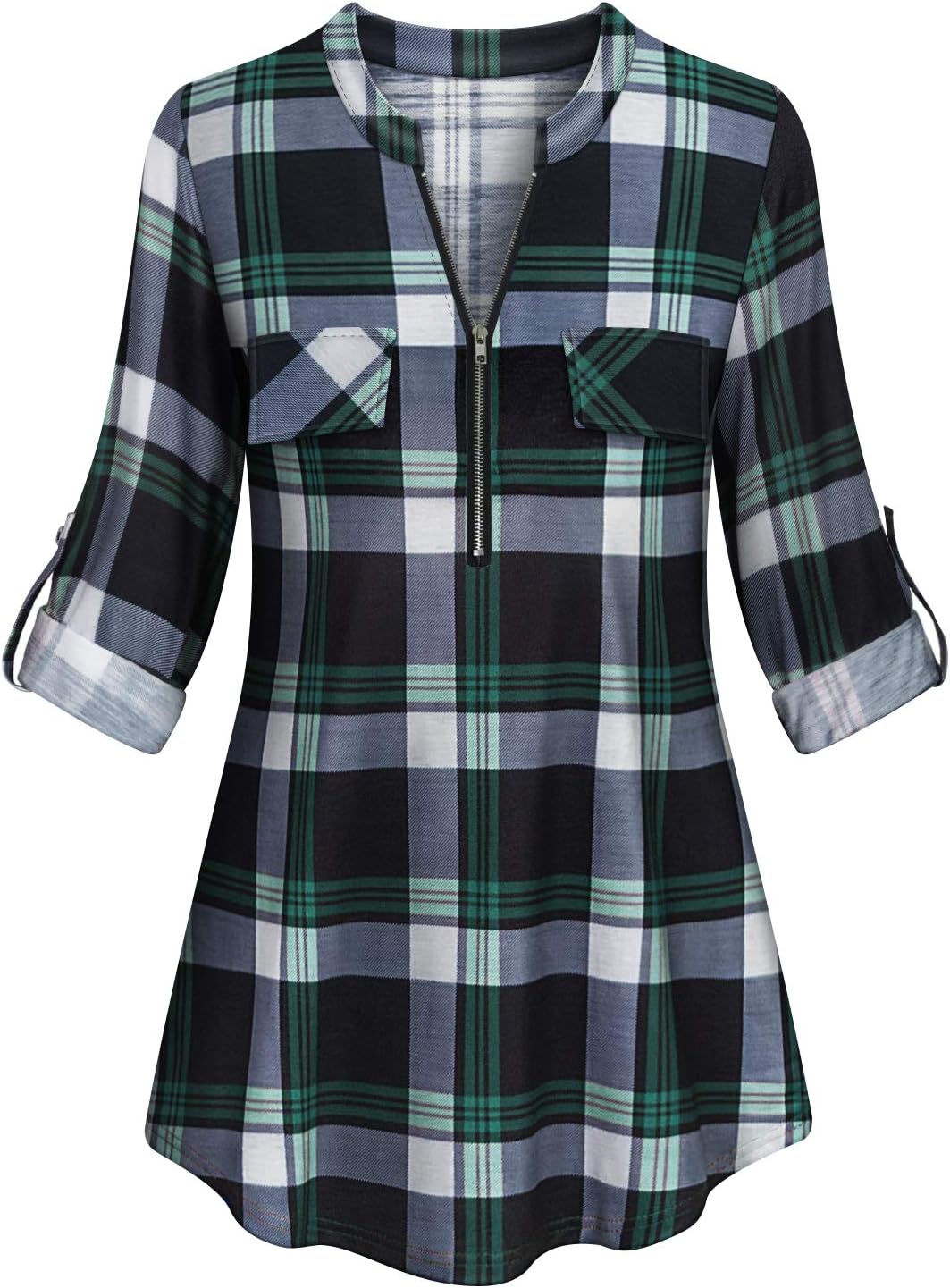 Womens Casual Long Sleeve Zipped V Neck Plaid Tunic Blouses