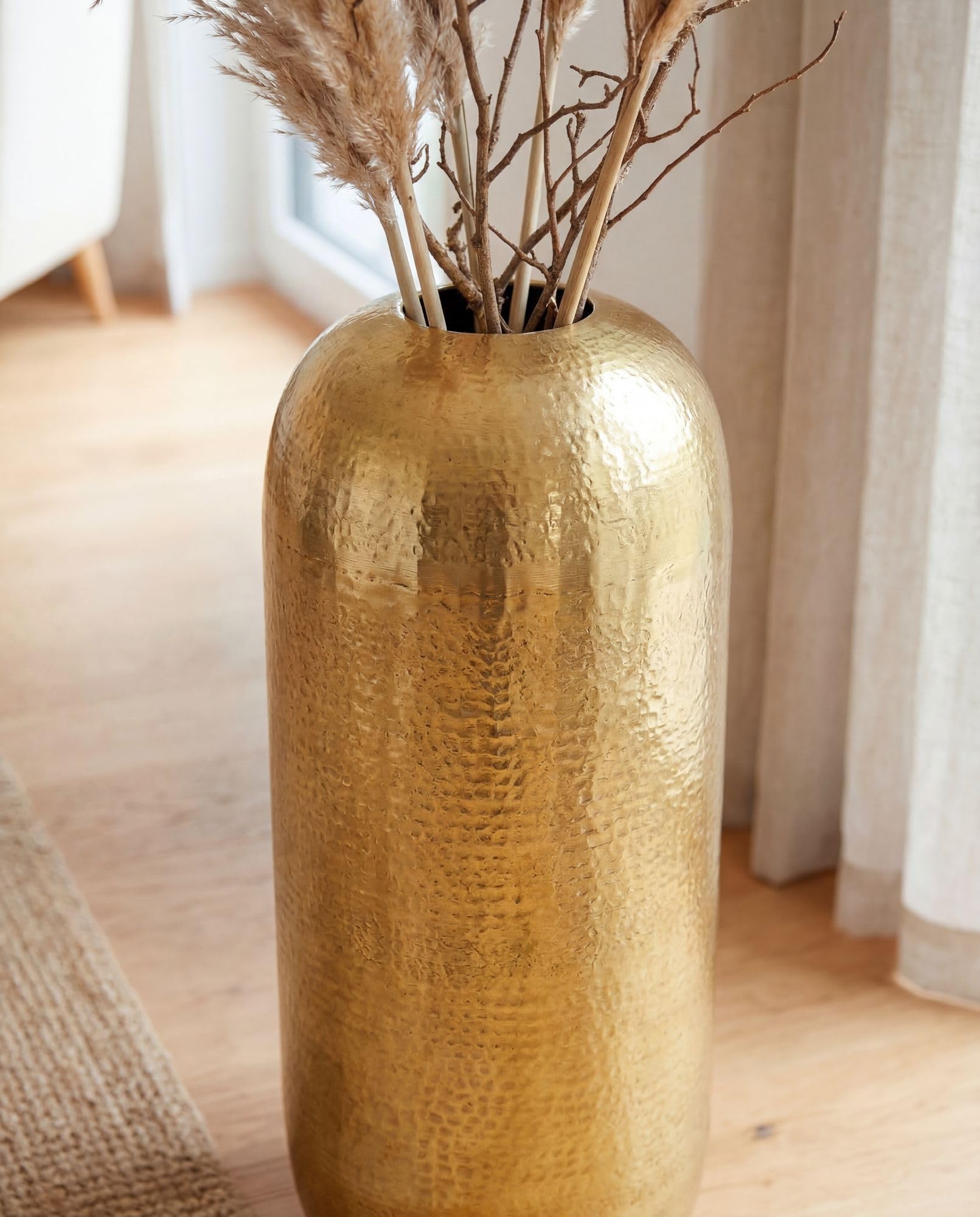 FineBuy Bodenvase 60 cm Aluminium Gold Rund, Standvase | große Dekovase mit gehämmerter Oberfläche, Blumenvase handgefertigt, Wohndeko für Wohnzimmer und Flur