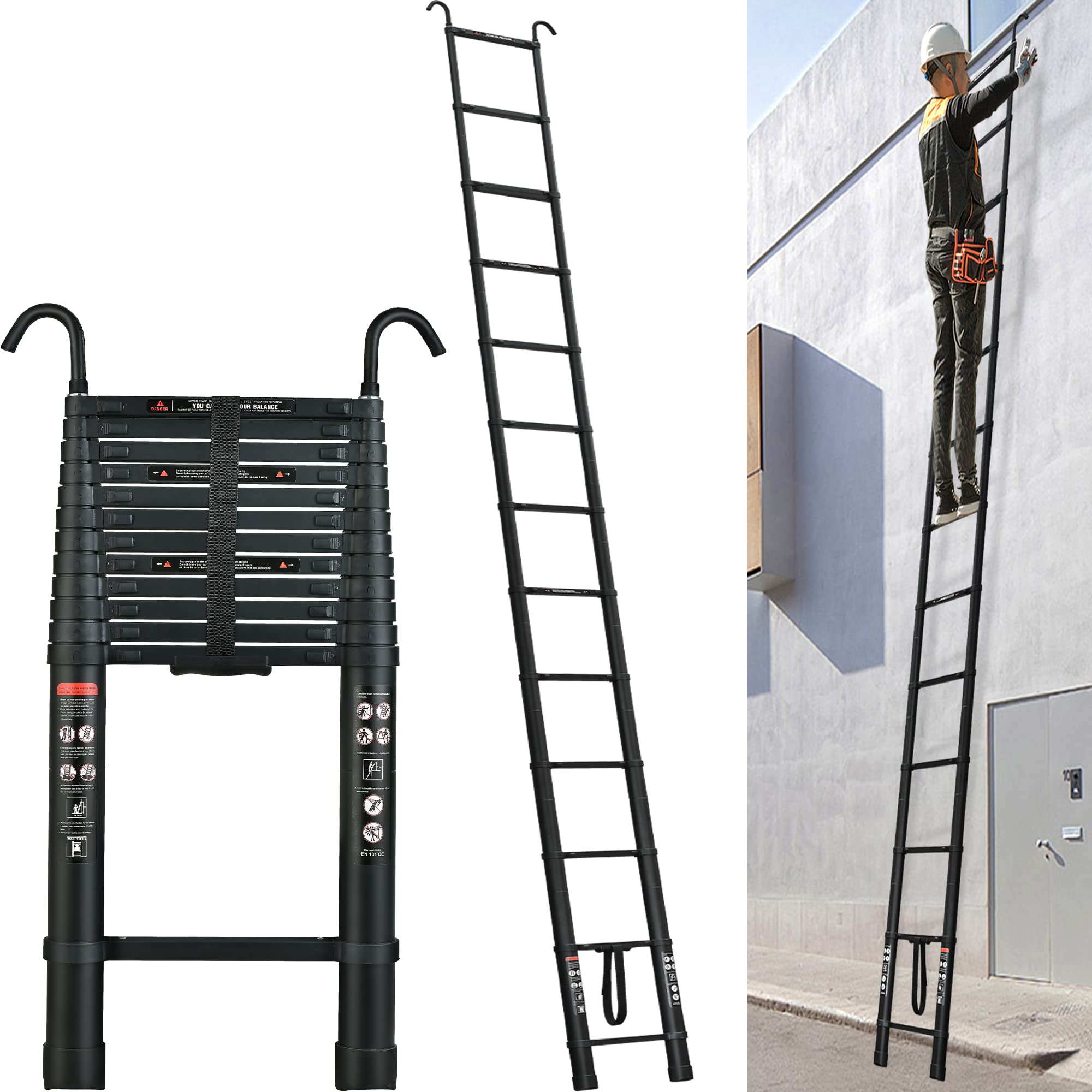 5M Telescoping Ladders with 2 Hooks, Heavy Duty Aluminum Collapsible Ladder Load 330 LBS Capacity, Non-Slip Feet, Extension Ladders Applicable to Household and Outdoor Working (Black) โ image 1