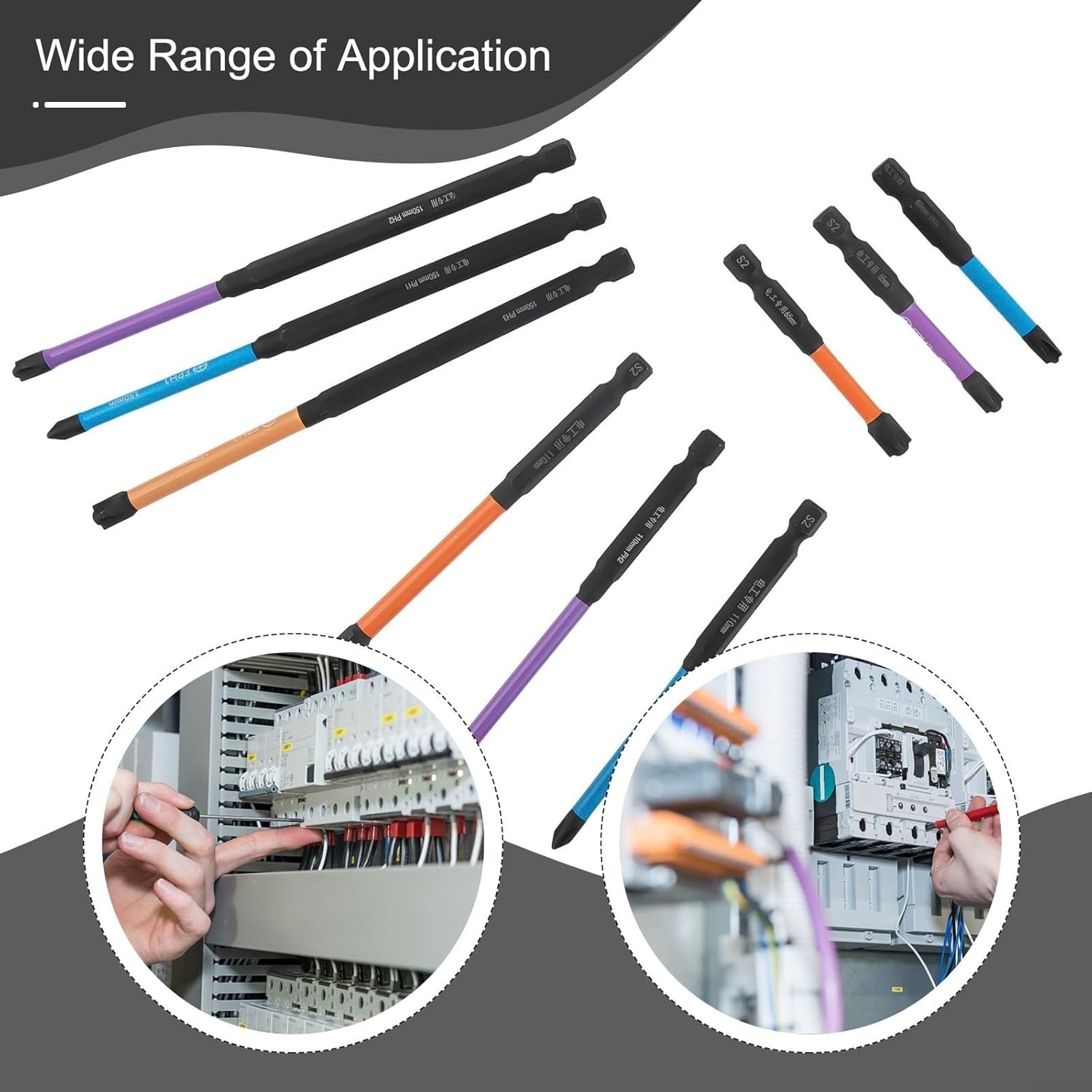 Special Slotted Cross Screwdriver Bit Set for Electrician, FPH1 FPH2 FPH3 Bits 65mm 110mm 150mm, Alloy Steel HRC63 Phosphated Black Rustproof, 9-Piece
