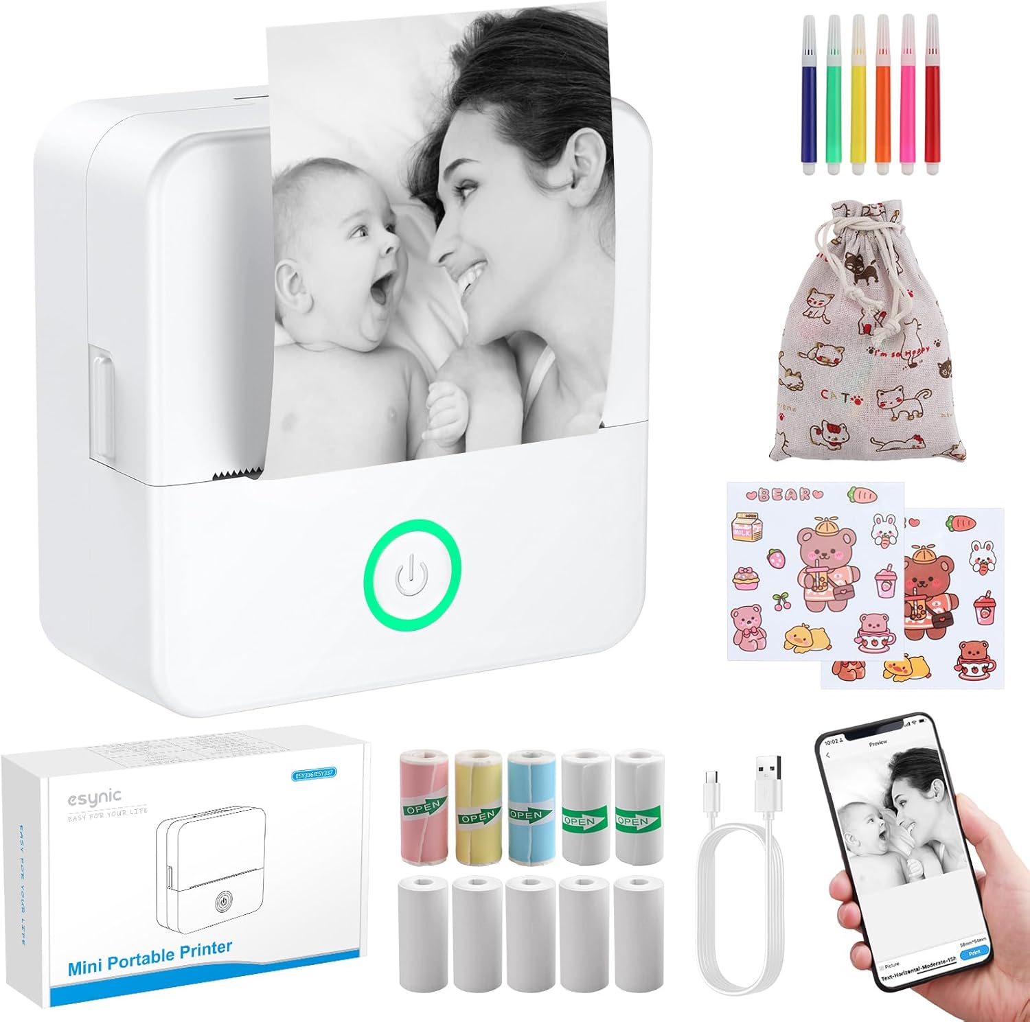 eSynic Portable Mini Sticker Printer-1200mAh Rechargeable Battery-Bluetooth Mini Printer-Lnkless Printing-Smart App Control-5 Roll Adhesive & 5 Thermal Paper-6*Color Pen-for DIY/Photos/Study Notes