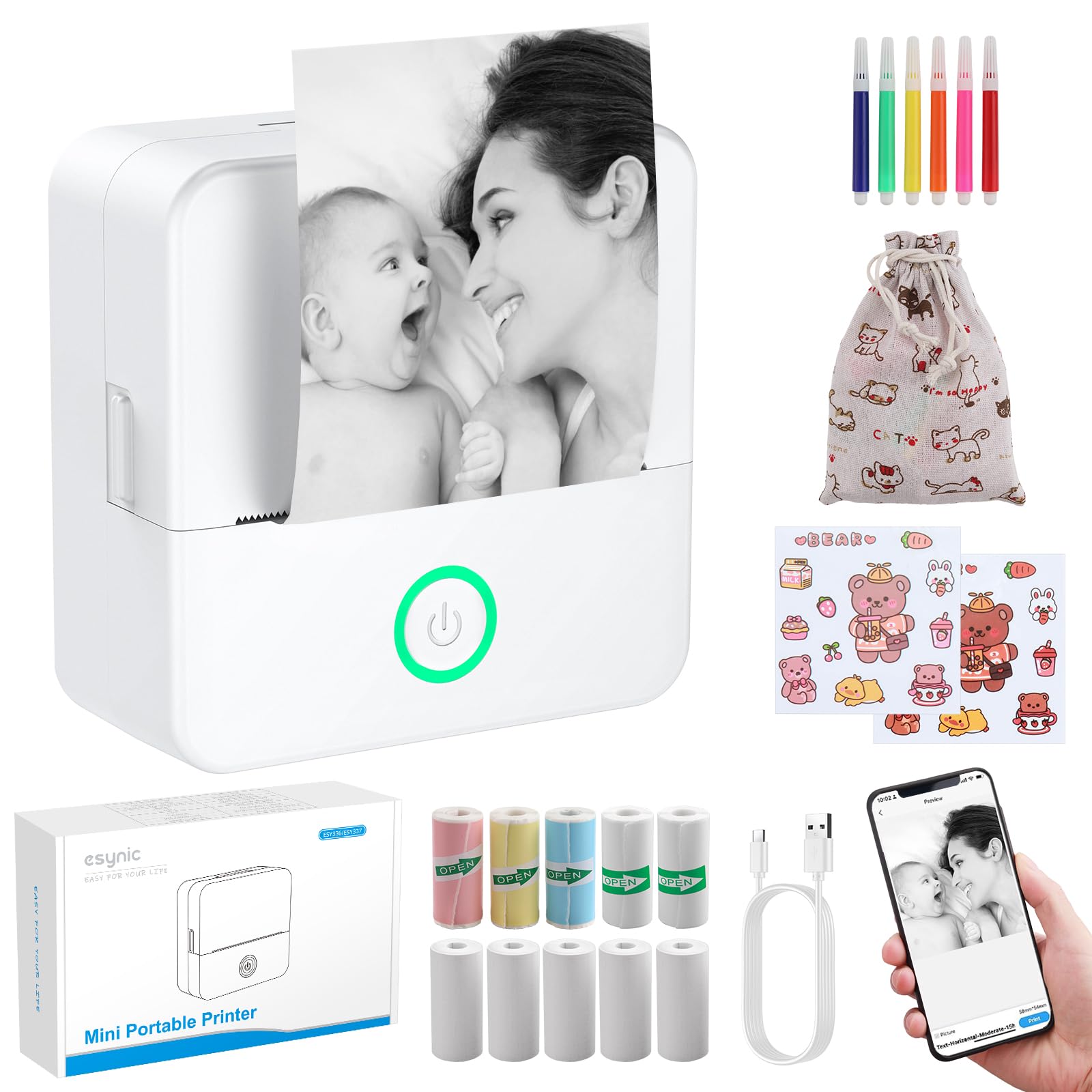 eSynic Stampante Termica Bluetooth Ricaricabile Portatile per Android iOS con 10 Rotoli Carta Termica - Bianco