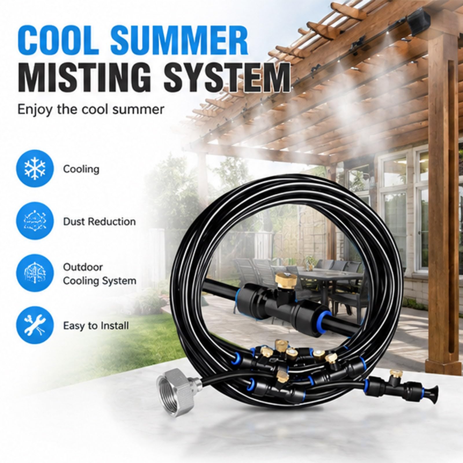 Kit Brumisateur Terrasse Extérieur (12 Mètres / 16 Buses) - Système de Refroidissement par Brumisation avec Raccords Rapides et Buses en Laiton, Brumisateur Eau pour Jardin, Pergola, Parasol