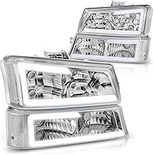 Auto Dynasty 4PCS LED DRL Headlight Lamps Compatible with Chevy Silverado Avalanche 1500 2500 3500 03 04 05 06 / Chevy Silverado Classic Models 07, Driver and Passenger Side, Chrome Housing Clear Lens
