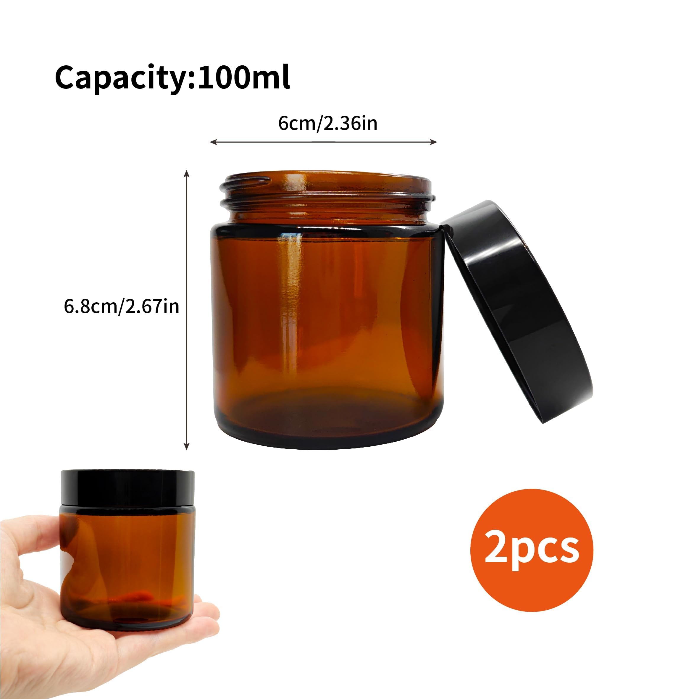Zestaw 2 szklanych pojemników kosmetycznych z bursztynowego szkła 100 ml – okrągłe, brązowe puste pojemniki z pokrywką i wkładką, idealne do kremów, balsamów i olejków eterycznych, ochrona