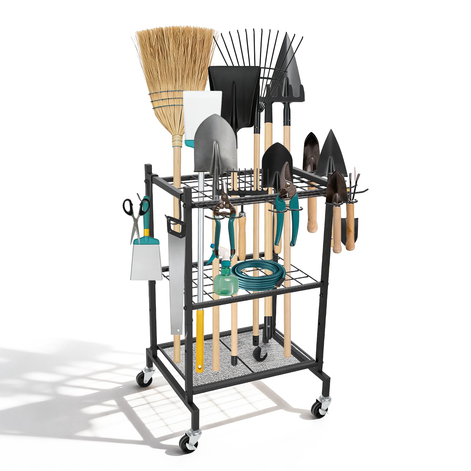 Gartenwerkzeug Organizer Garage Standregal,4 Haken und 35 Schlitze, Kohlenstoffstahl, Mehrzweck Gartengerätehalter mit Rollen, für Schuppen Besen, Mopp, Rechen, Schaufel, Gartenschlauch