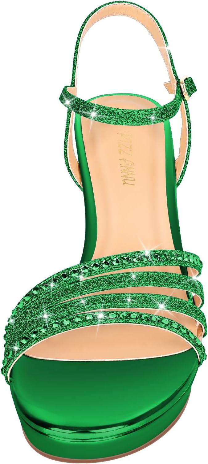 PIZZ ANNU Lena Women's Platform Heels High Block Chunky Sparkly Rhinestone Open Toe Ankle Strap Fashion Dress Pump Sandals Shoes for Party Wedding - Image 6