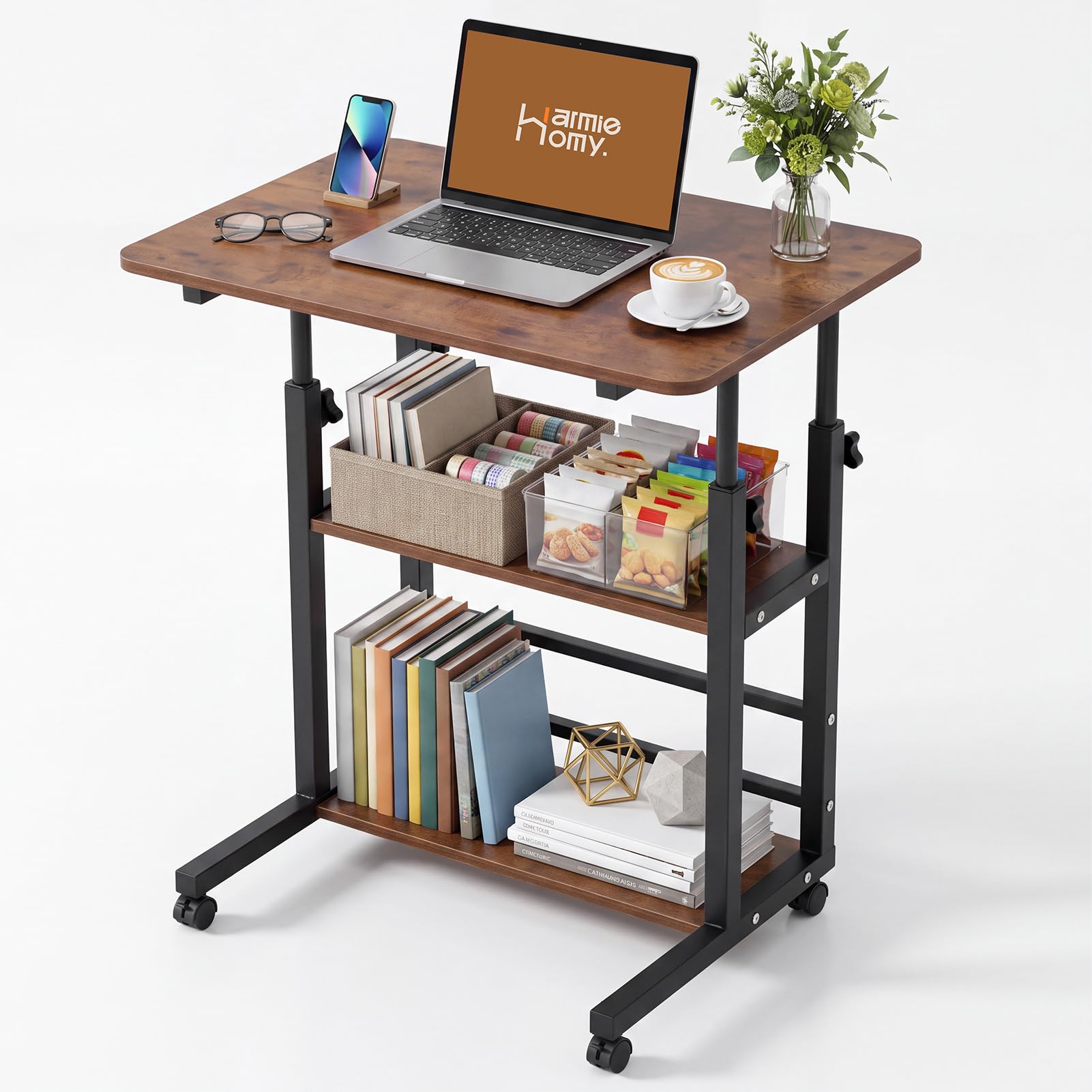 Warmiehomy Computer Desk 60x40x60-90cm, Height Adjustable, Shelves, Wheels