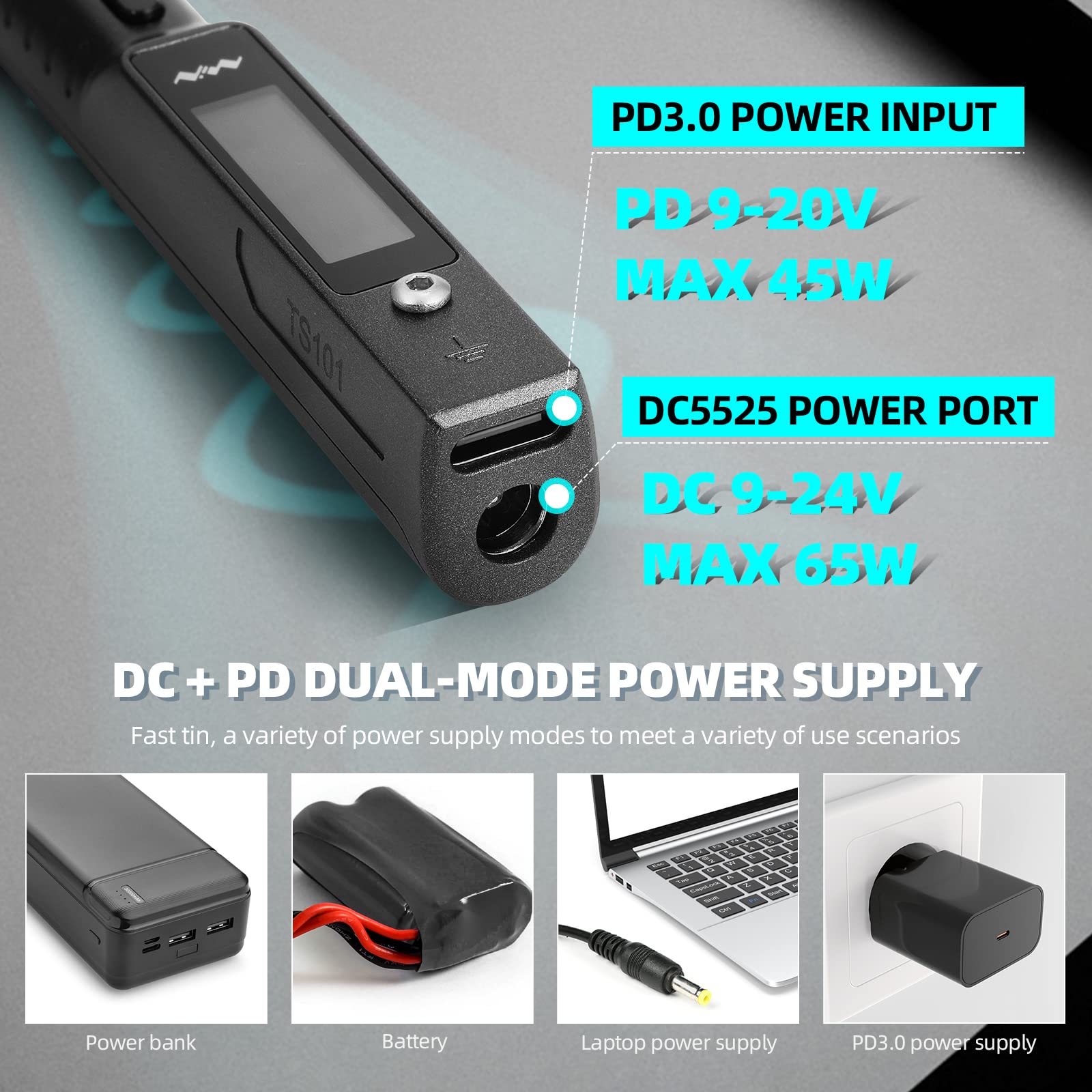 TS101 65W Soldering Iron Portátil, Soldador Electrico Profesional con Punta TS-I y USB Cable, Mini Digitales Soldador Inalambrico, DC+PD Entrada de Alimentación, Pantalla LCD, Temperatura Ajustable