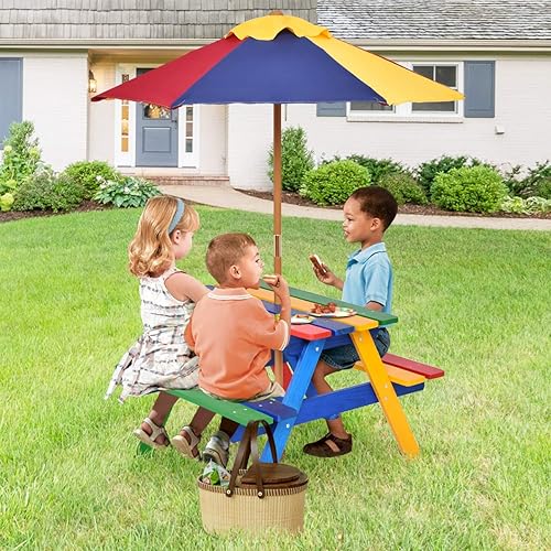 Miniatura 2 de KOTEK Mesa de picnic para niños, juego de mesa y banco de madera al aire libre con paraguas, muebles de patio para niños para comer y jugar, mesa de