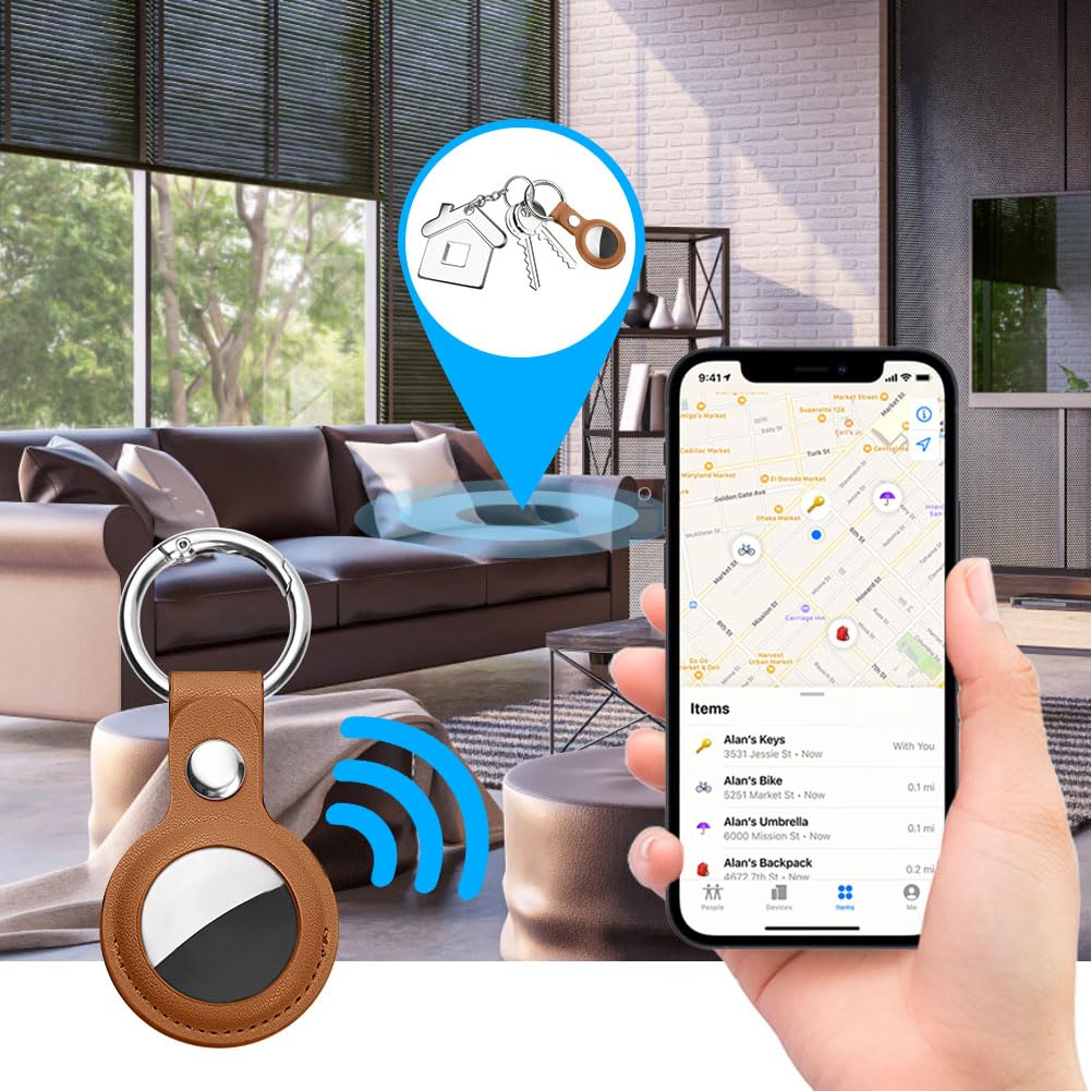 Ainiv Protective Case for Apple Airtags, 2 Pack PU Leather Keyring Case, Tracker Cover for AirTags, Pet Dog Cat Collar Locator Tracker Cover, Key Finder Case for AirTag-Blue and Brown — view 5