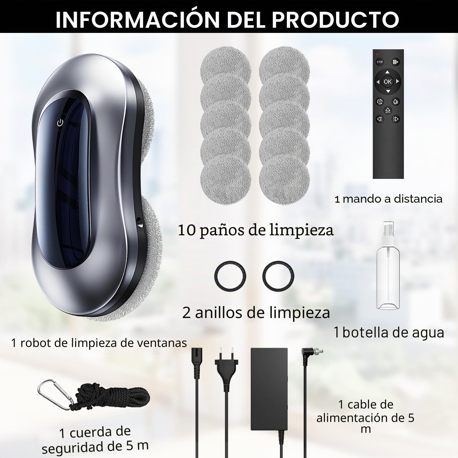 Robot Limpiacristales, 6000pa Limpia Cristales Electrico Ventanas con Mando, 3 Modos Limpieza,Navegación Inteligente,10 Paños de Limpieza, Limpiacristales Electrico para Ventanas, Espejos y Azulejos