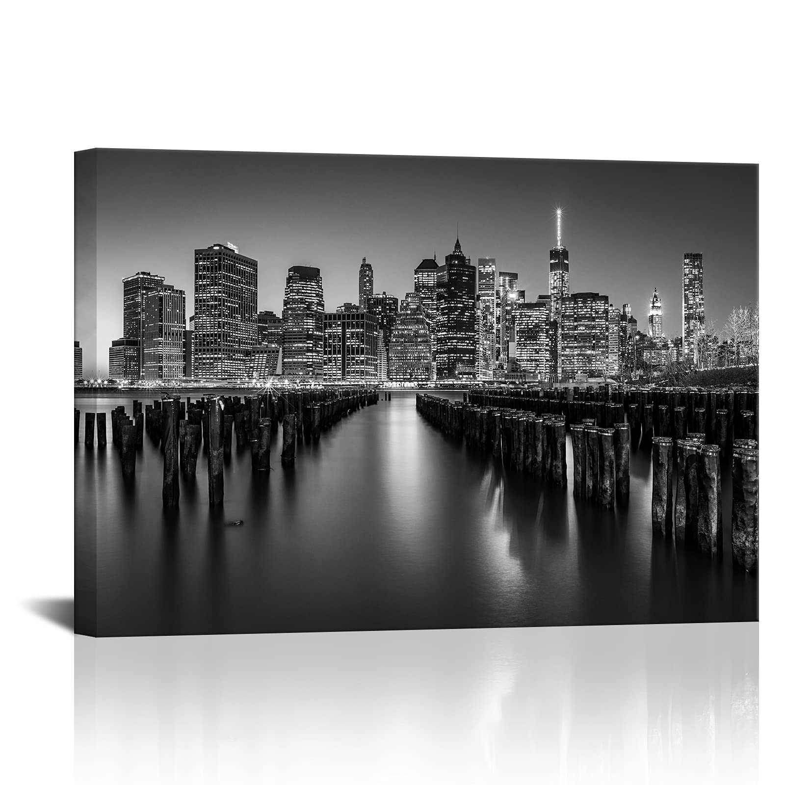 KLVOS New York Manhattan Skyline at Night Canvas Wall Art Black White Hudson River Canvas Prints Modern Framed Cityscape Pictures Paintings Stretched for Living Room Bedroom Home Decorations 24"x36"