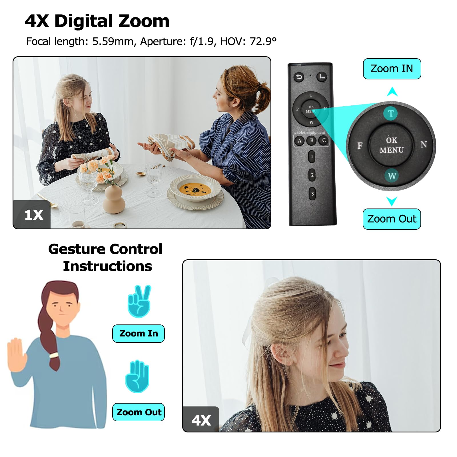 VM50 4K-Webcam für PC mit 1/1,65 Zoll Sensor, AI-Framing und Autofokus, Beauty-Modus, ultra-schwach, lichtreuer Lärm, leicht, Gestensteuerung, 4-facher Zoom, WDR, Webcam für Streaming, Meeting, Gaming