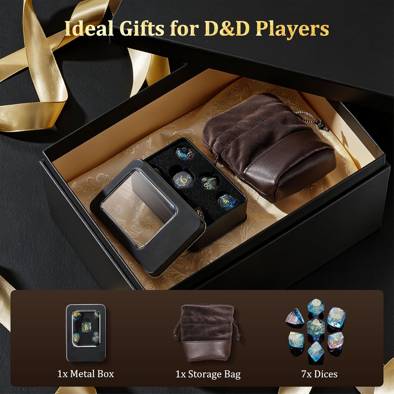 MoKo Resin DND Dice Set, 7PCS Sharp Edge Polyhedral D&D Dice with Gift Box Storage Bag for Dungeons and Dragons RPG Tabletop Games, Gold Numbers DND Gifts D20 D12 D10 D8 D6 D4 D%, Pink+Blue