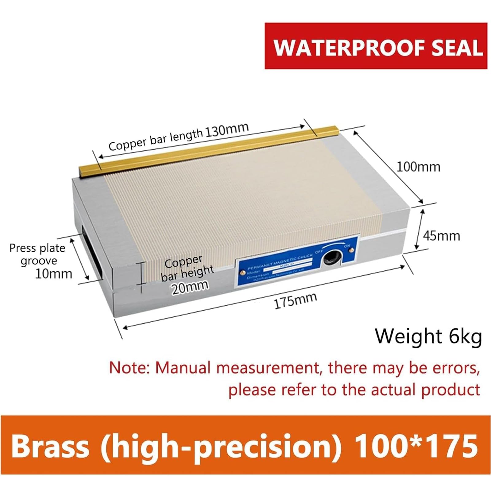 Portabrocas magnético permanente de 100 x 175 mm, poste magnético de 0,5 + 1,5, fuerza de succión ≥ 150 N/Cm², sellado a prueba de fugas para mecanizar piezas de trabajo magnéticas