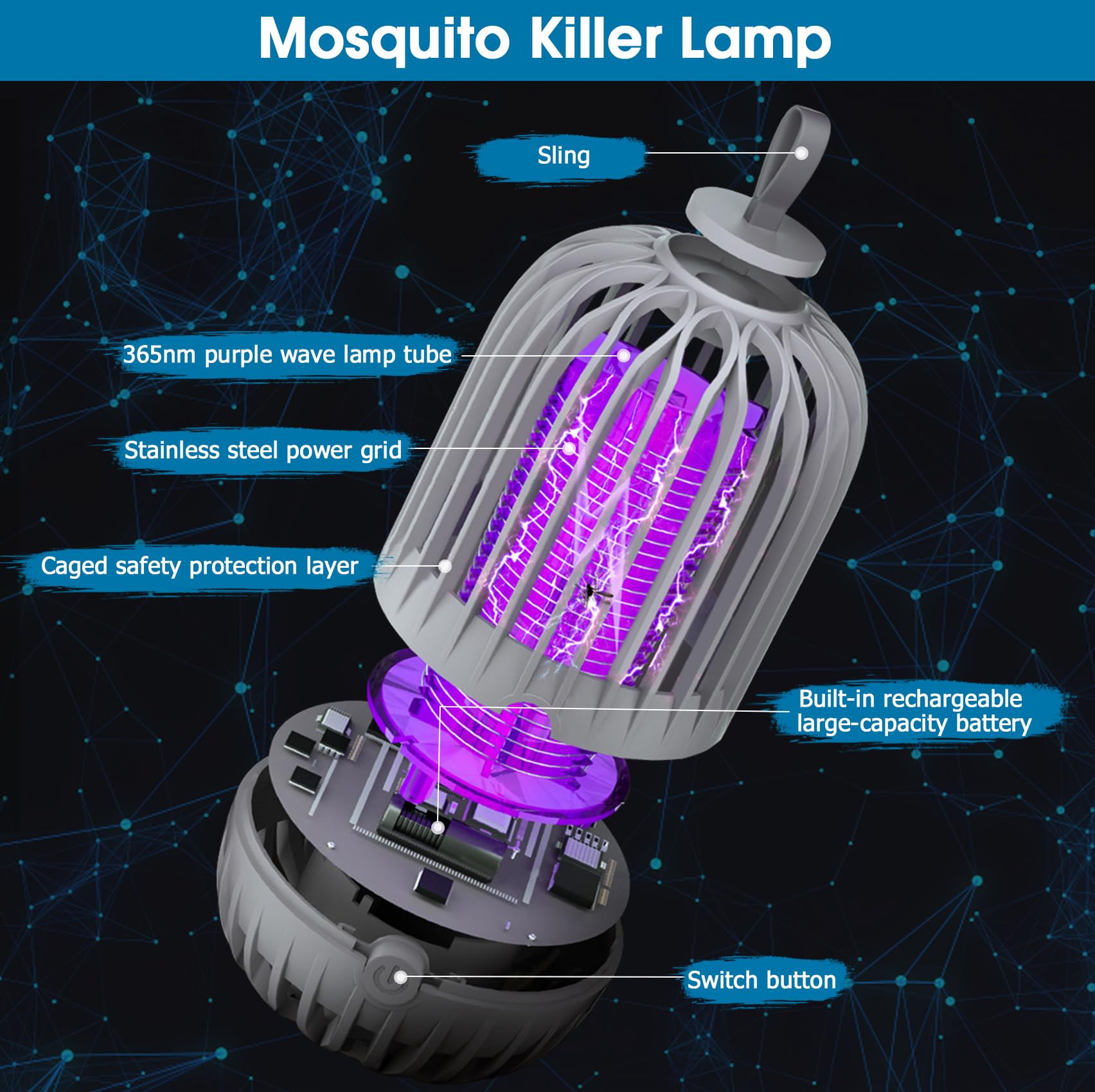 Hywean Bug Zapper Indoor & Outdoor Rechargeable Fly Trap Mosquito Zapper with USB Power Supply, Powerful Electric Mosquito Trap Portable Dual-Function, Gray