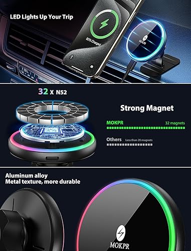 Miniatura 5 de MOKPR Magsafe Cargador de montaje para automóvil, cargador de coche inalámbrico, soporte magnético para teléfono de coche para Dash Air Vent-LED RGB