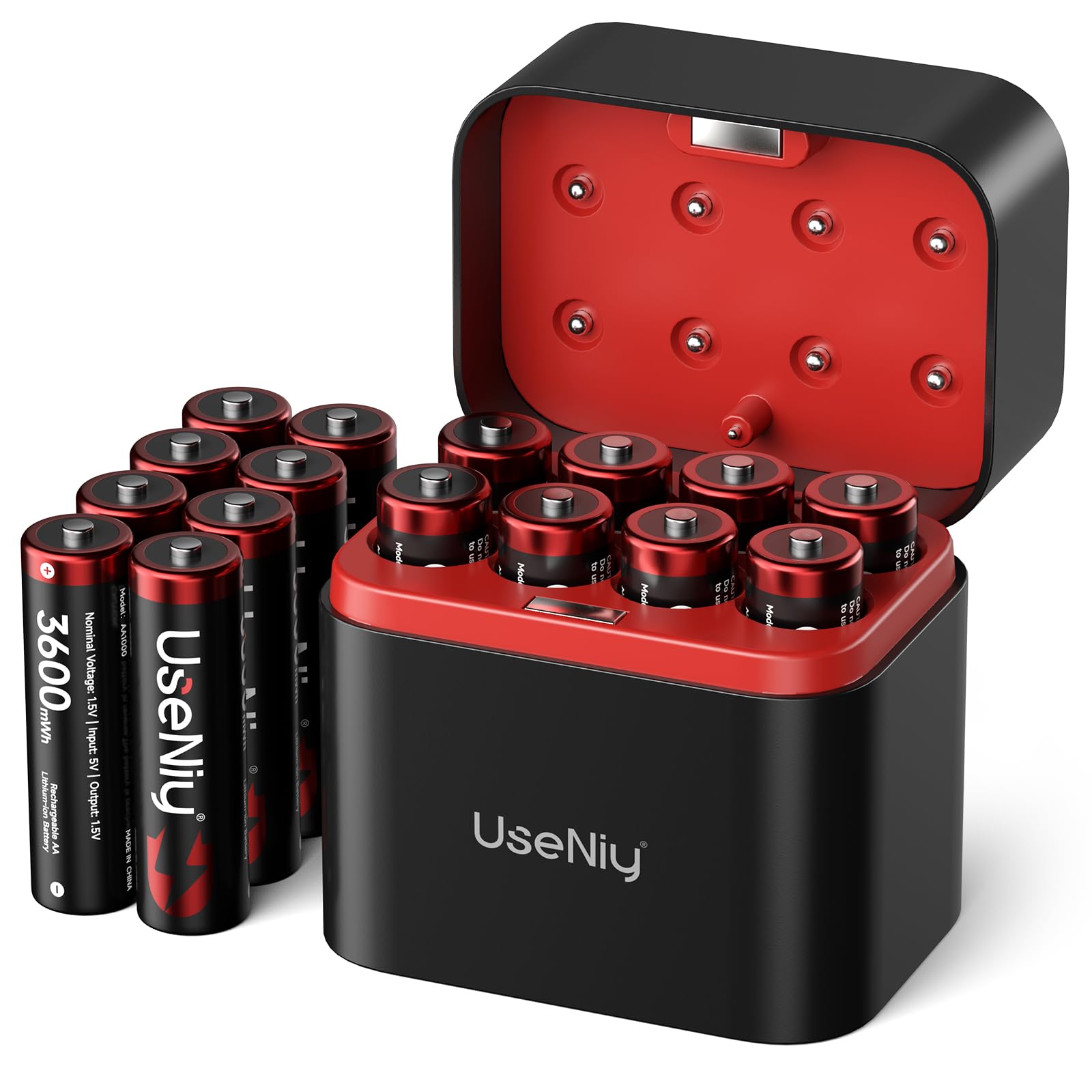 Lot de 16 piles AA rechargeables au lithium avec chargeur, 1,5 V 3600 mWh haute capacité Mignon AA, piles au lithium AA et chargeur de batterie avec fonction de stockage de charge