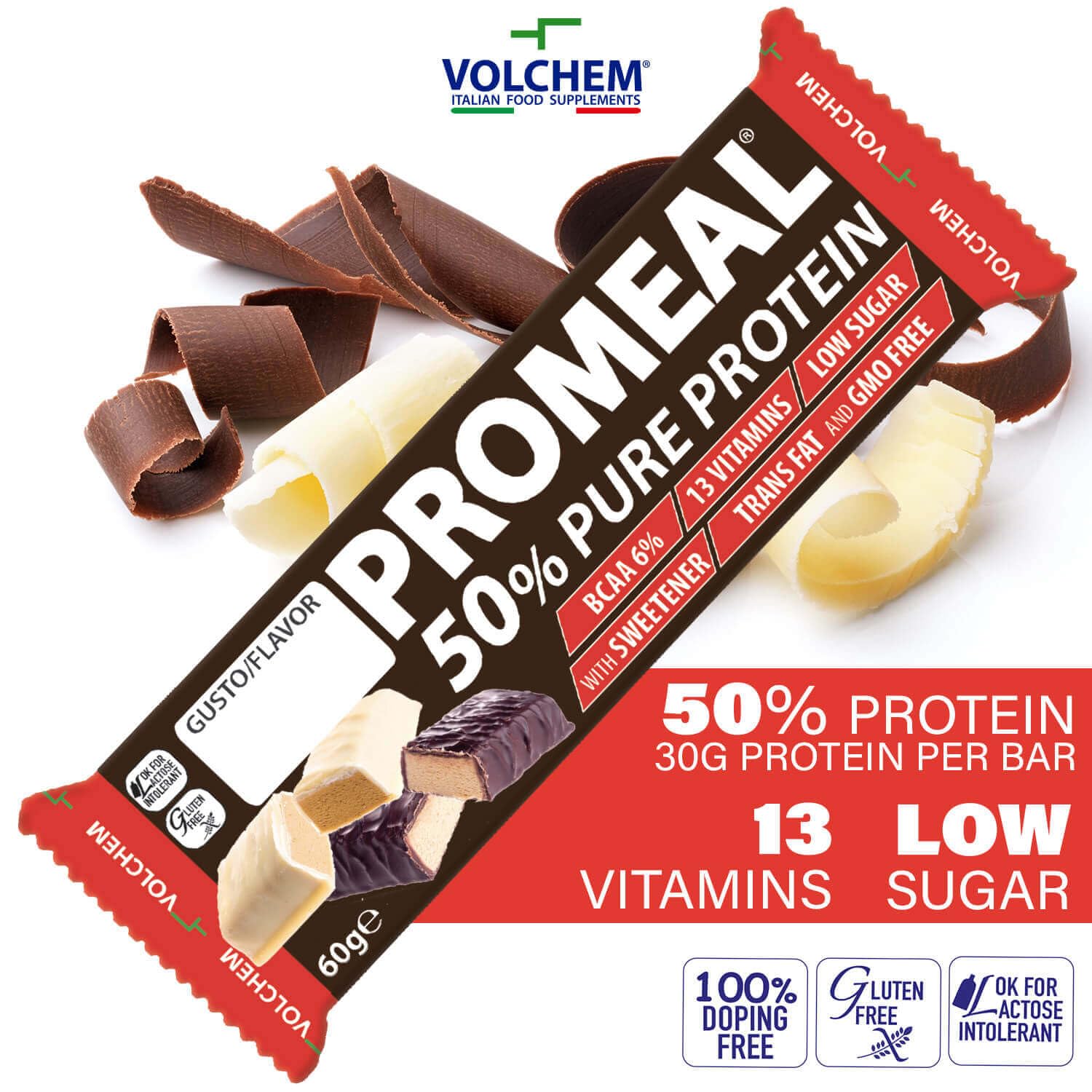 Volchem Promeal Protein 50, Barretta Proteica al 50%, 20 Barrette (Dark Chocolate)